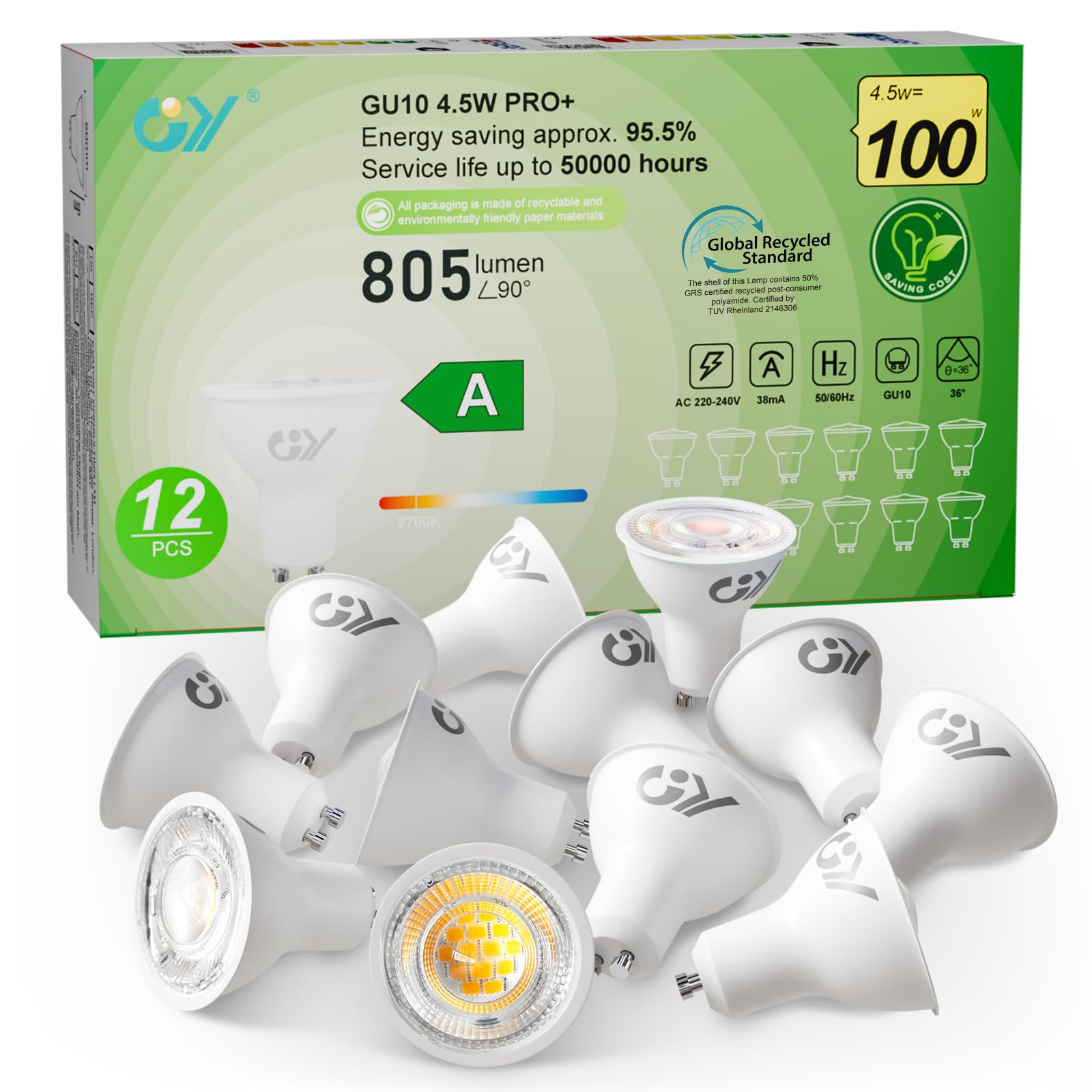 Gy Lampadina LED GU10 4.5W, 805 Lumen, 12 Pezzi