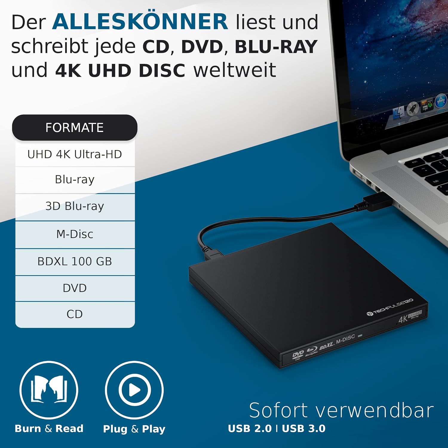 Techpulse120 UHD 4k 3D M-Disc Blu-ray Burner USB 3.0 | Velz