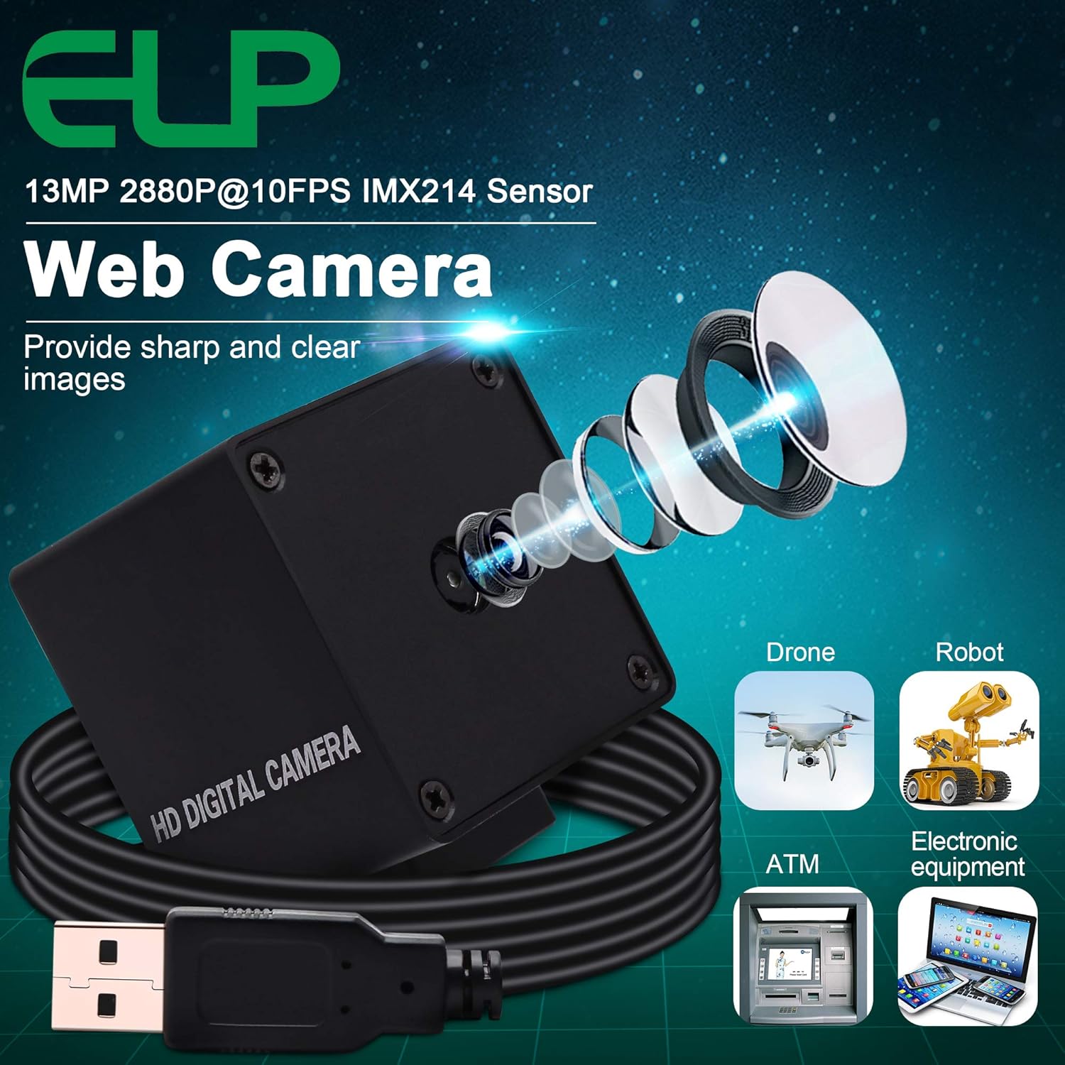 Elp Telecamera USB 13MP IMX214 - Webcam Mini Plug and Play - immagine 4