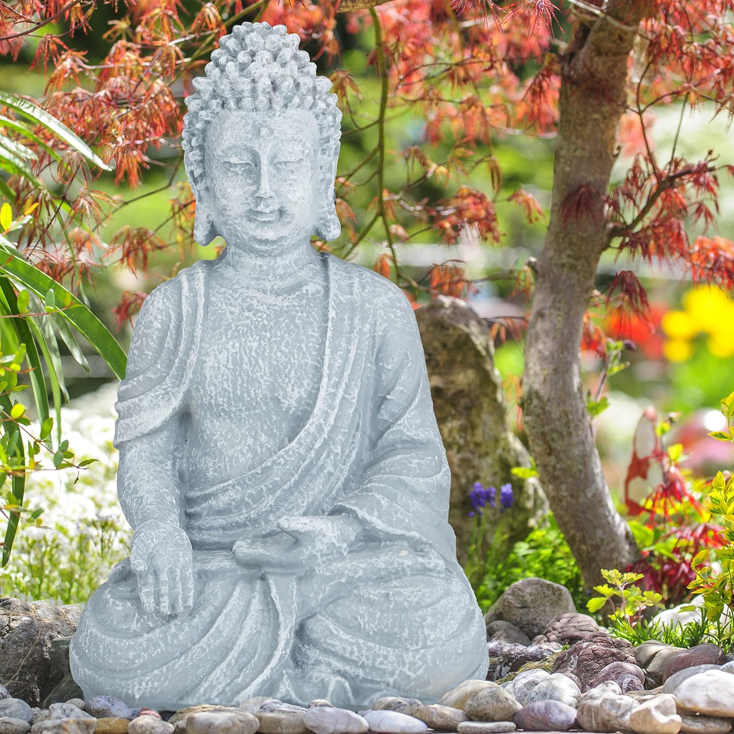 Relaxdays Statua Zen Buddha Seduto XL 40cm, Grigio Chiaro - immagine 2