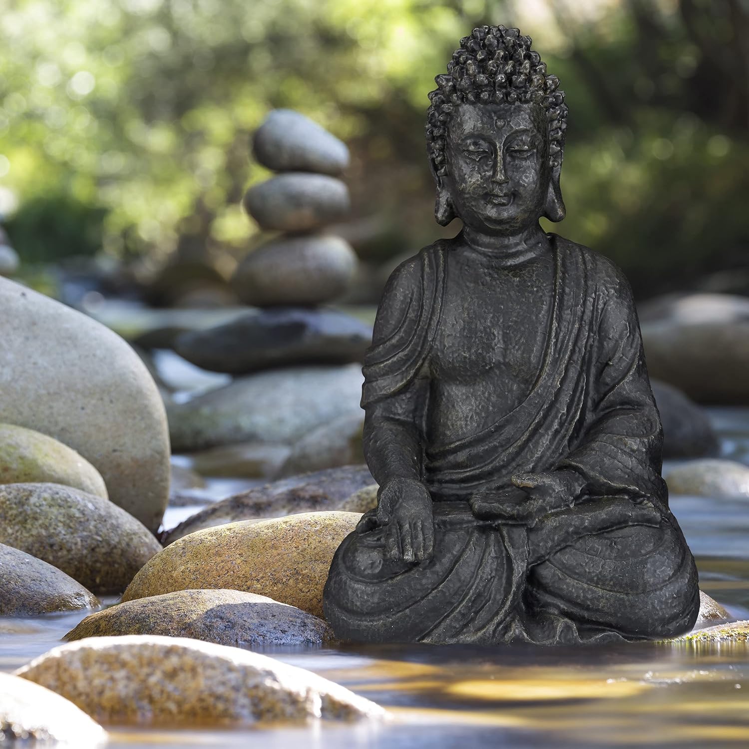 Relaxdays Statua Zen Buddha Seduto XL 40cm, Grigio Chiaro - immagine 5