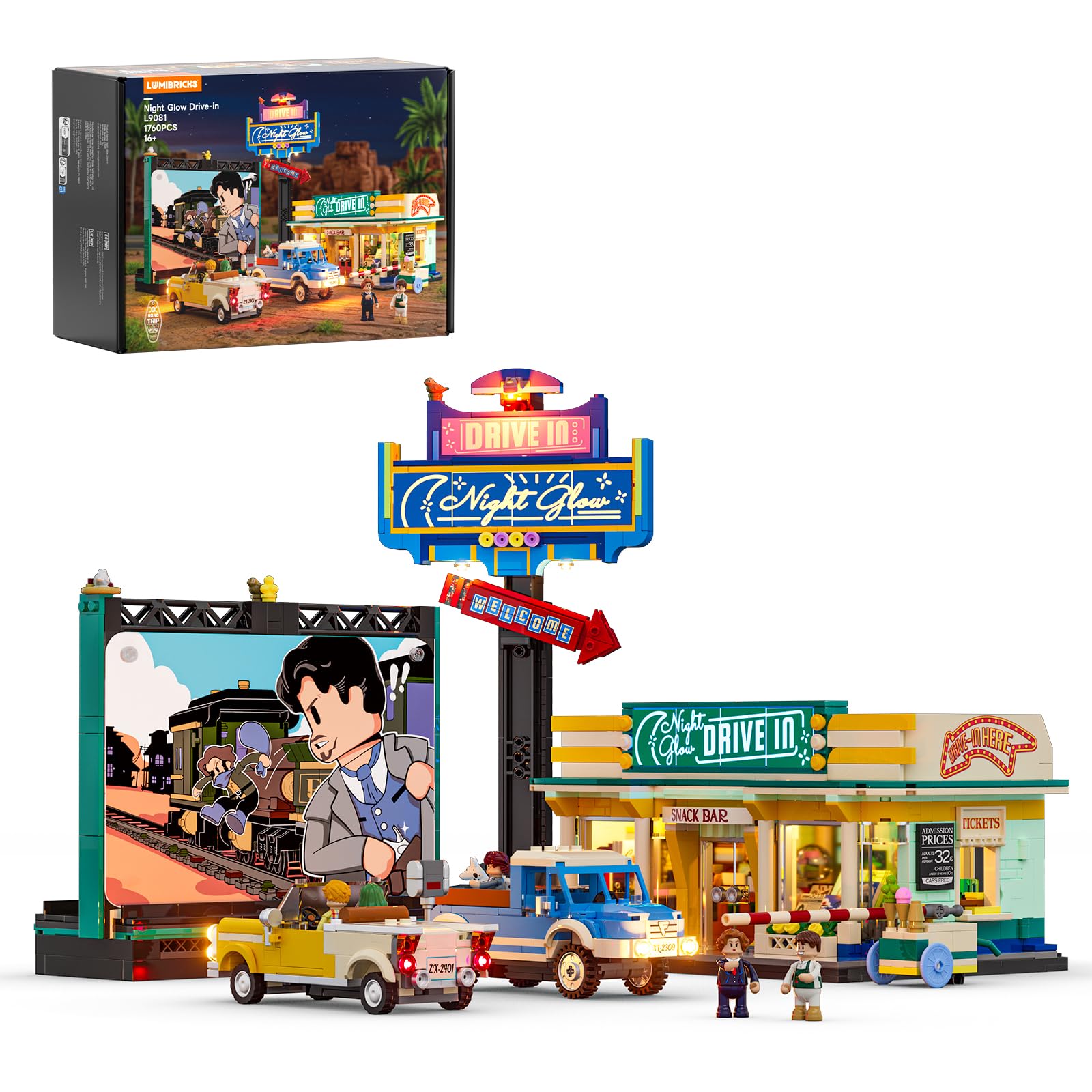 Lumibricks City Drive-in Theater - Set di mattoncini da costruzione con illuminazione a LED, 1760 pezzi, modello cinema per auto, con tela, lavagna pubblicitaria e 2 veicoli vintage, regalo per adulti