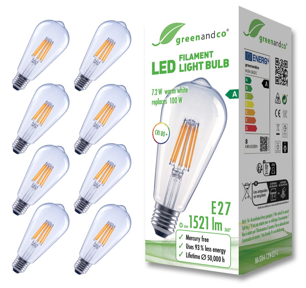 Greenandco 8 Lampadine Filamento LED E27 ST64, 3000K