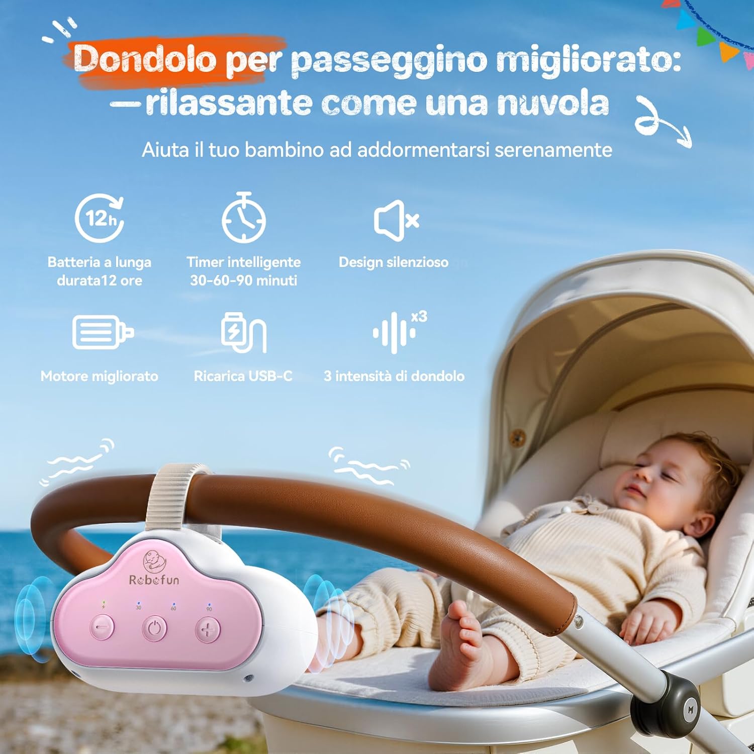 Dondolo Automatico per Passeggino con Timer, USB-C - immagine 2
