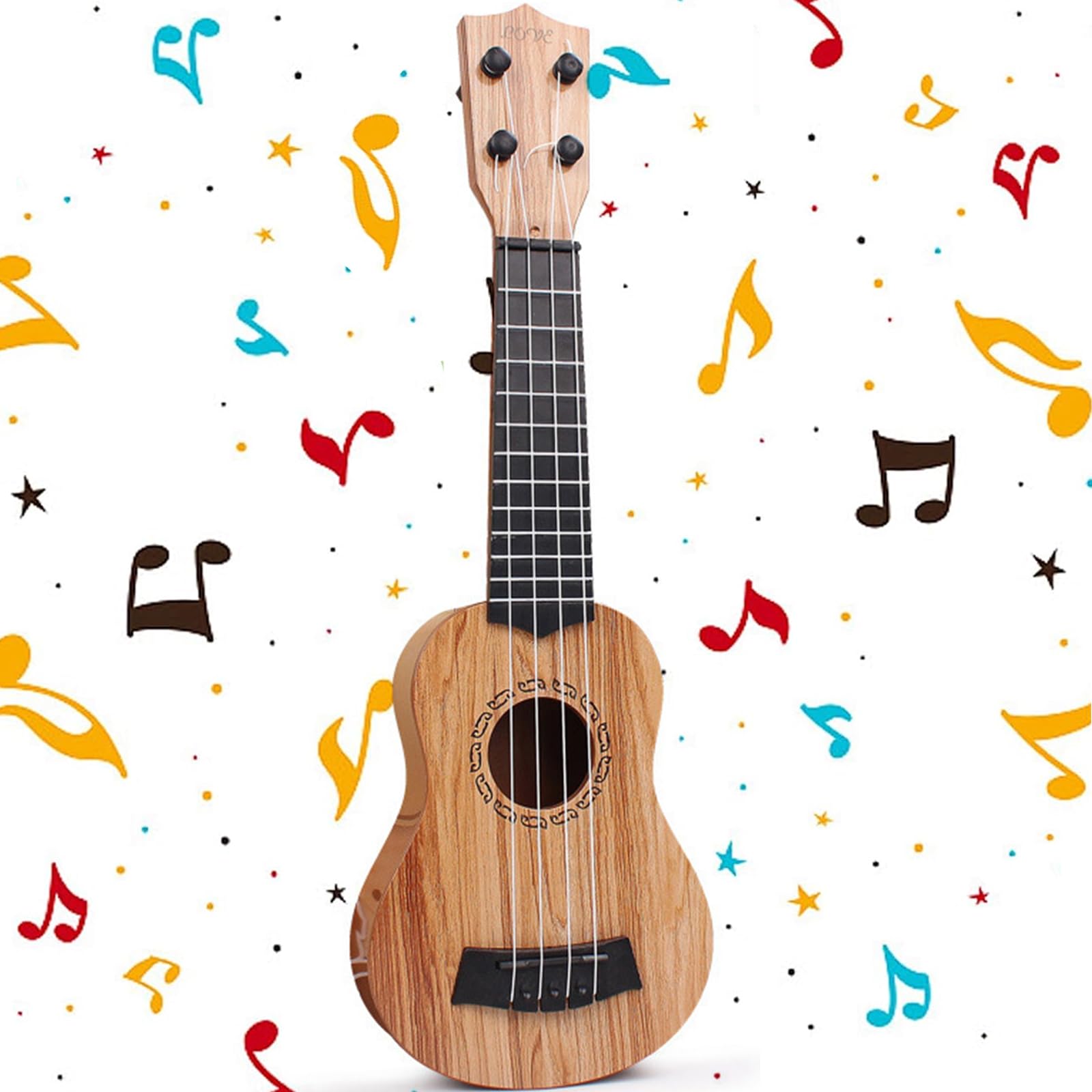 Mini chitarra, chitarra per asilo, giocattolo in plastica, ukulele per chitarra, giocattolo, ukulele per bambini, con 4 lati regolabili, per bambini (38 cm/marrone chiaro)
