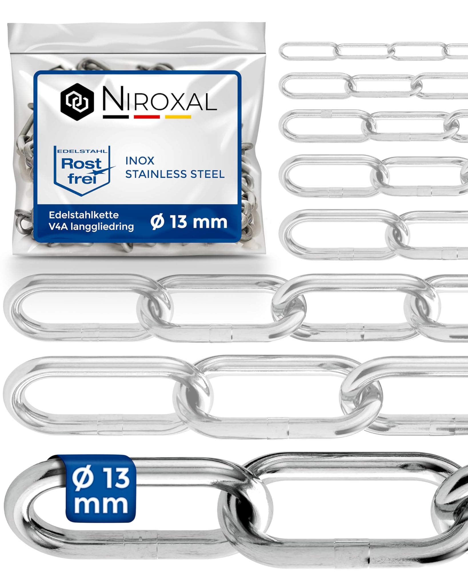 2 pezzi 150-cm = 1,5-metri 13-mm di spessore catena in acciaio inox V4A a maglia lungo da NietFullThings in un unico pezzo catena di ancoraggio DIN 5685 DIN 763 1,5-m