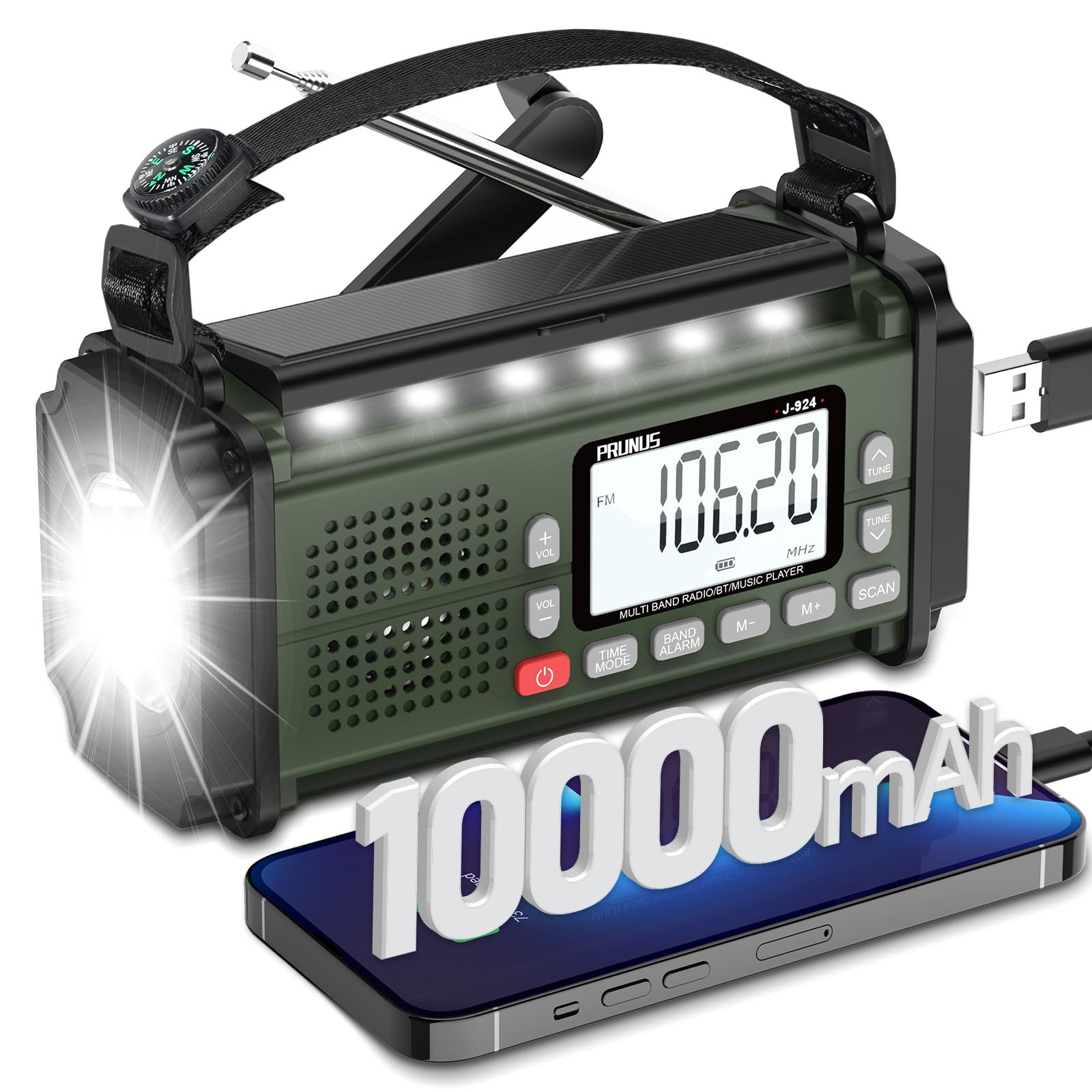 Prunus J-924 Radio Portatile Emergenza Solare 10000 mAh, Verde
