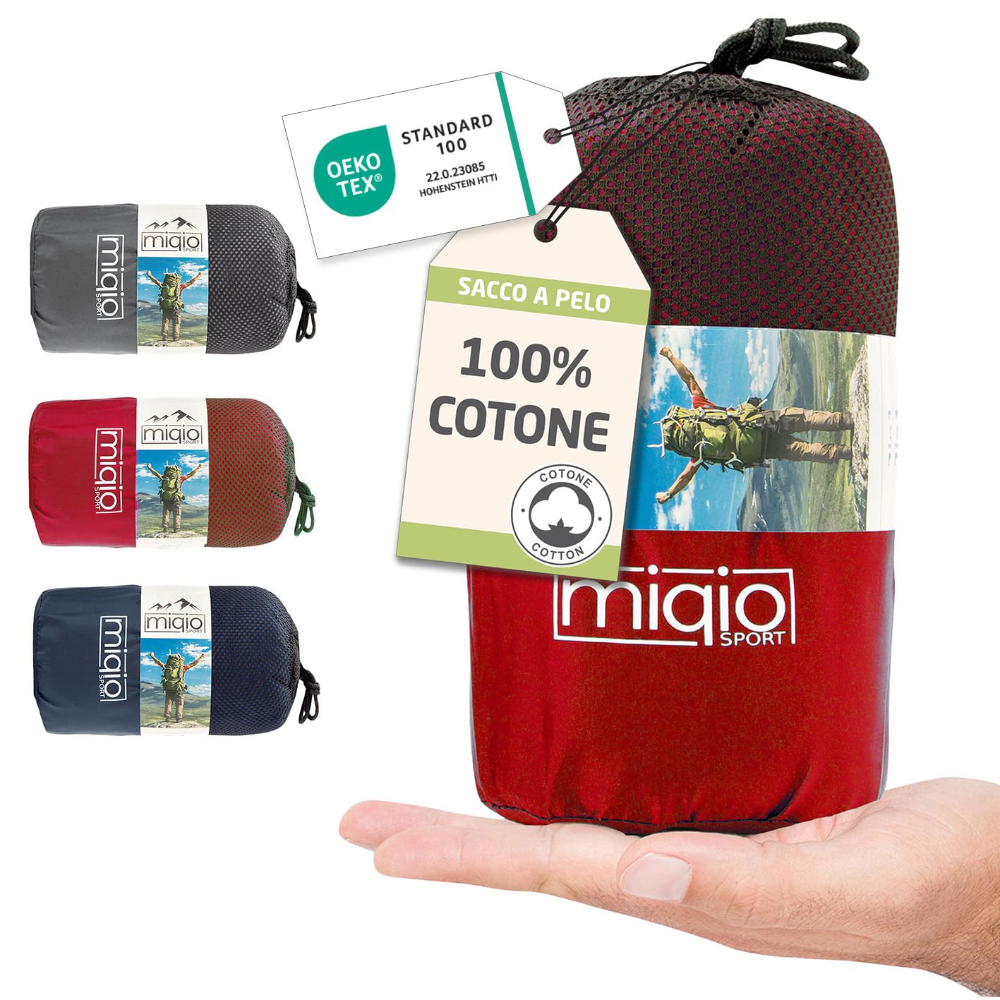 Miqio sacco a pelo in Cotone, lenzuolo da viaggio 2 in 1, XL, con cerniera intera (accoppiabile), sacco a pelo da viaggio ultra piccolo e ultra leggero - ideale per backpacking e cabine