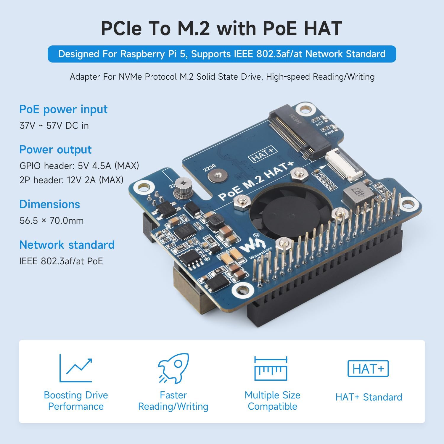 Waveshare NVMe PCIe To M.2 HAT+ Adapter with PoE - immagine 3