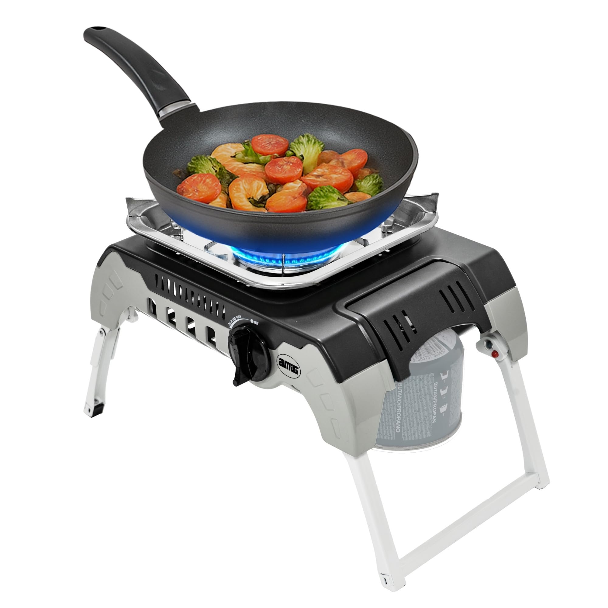 Amig – Camping Gas Möunt - Fornello a Gas Portatile per Esterni – con Supporto in Acciaio Inox e Regolatore di Fiamma – Potenza 2,4 kW – Per Escursioni e Campeggio – Certificato CE