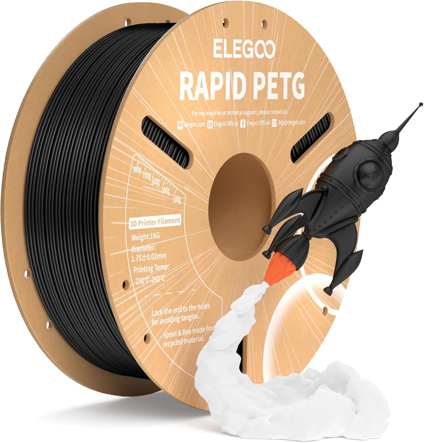 Elegoo Rapido Filamento PETG 1,75mm 1kg, Nero - immagine 1