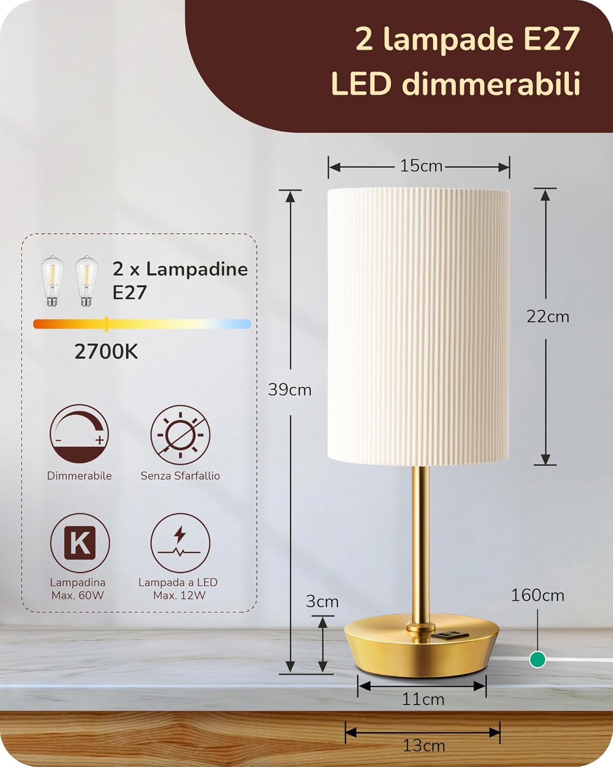 EDISHINE Lampade da Comodino Touch Set di 2 - immagine 6