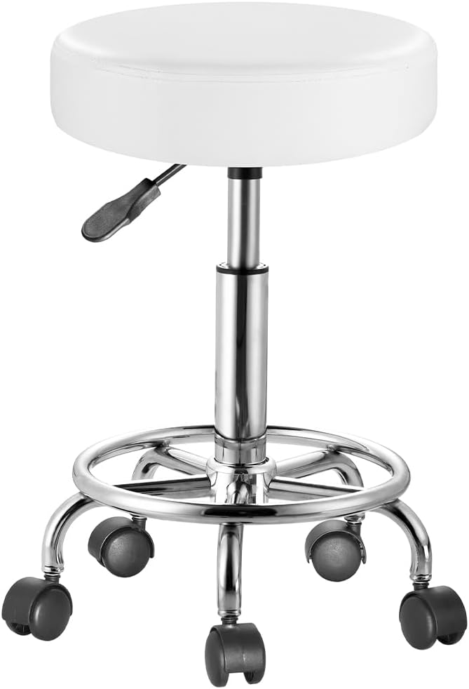 Bakaji Sgabello Rotondo Girevole in Ecopelle, Bianco