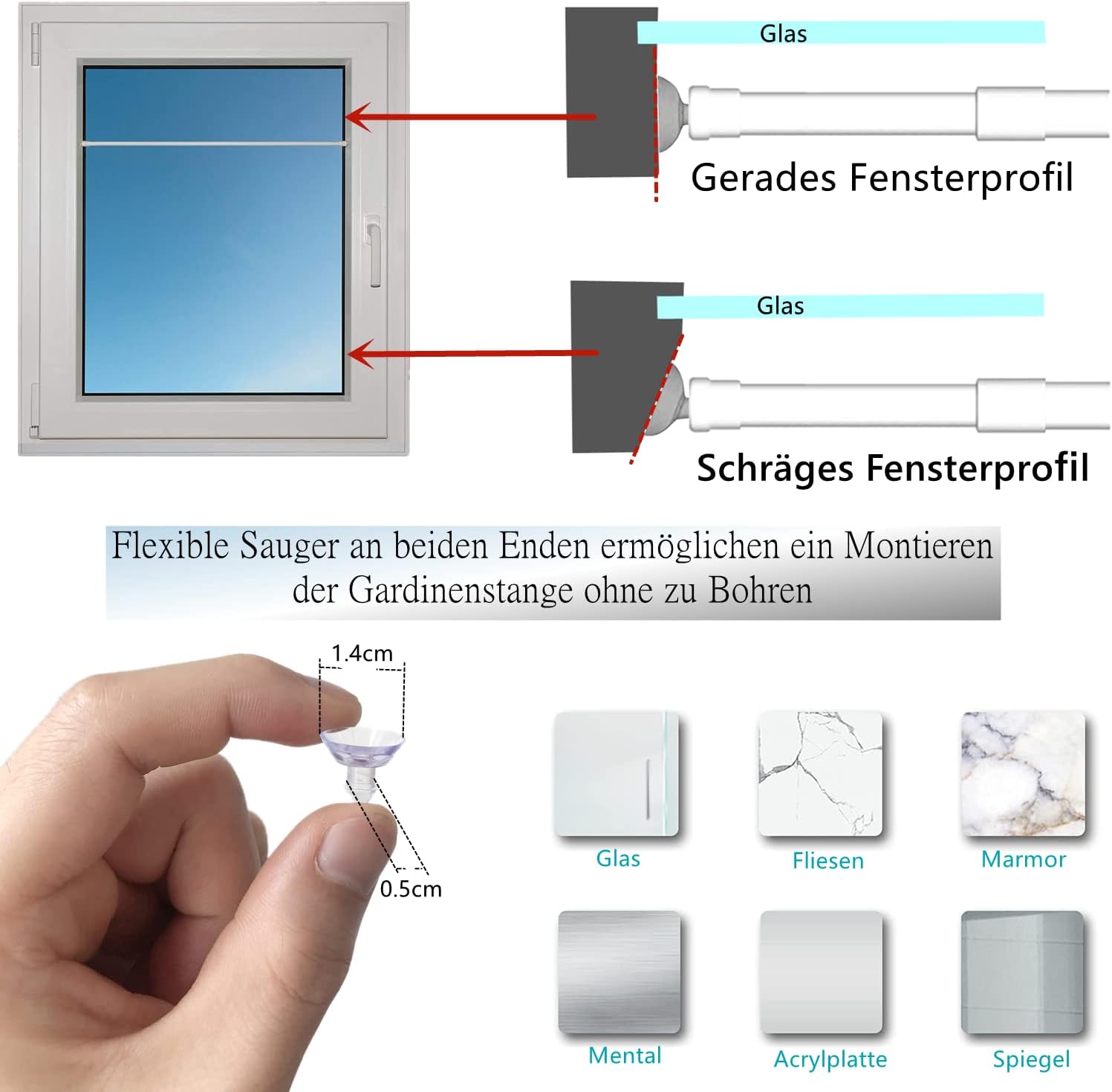 Asta per Tende con Ventose 57-86cm (3 Pezzi), Bianco - immagine 2