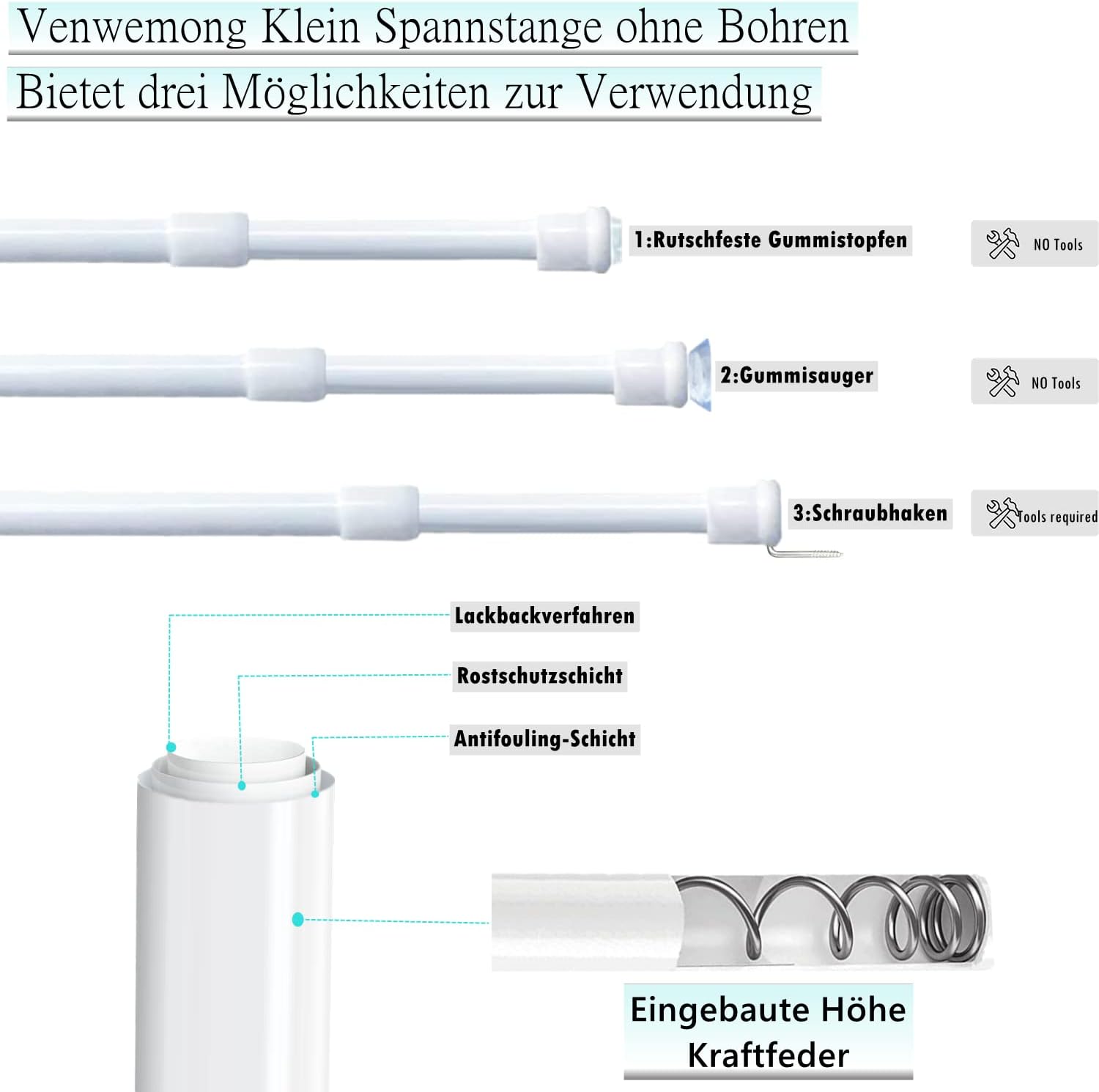 Asta per Tende con Ventose 57-86cm (3 Pezzi), Bianco - immagine 3