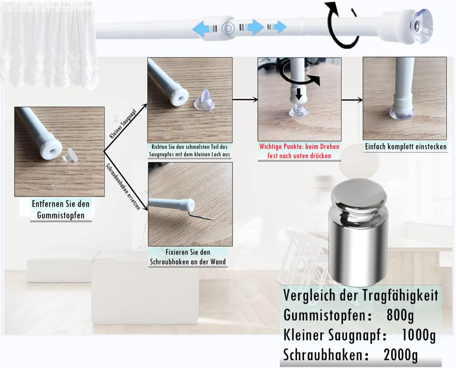 Asta per Tende con Ventose 57-86cm (3 Pezzi), Bianco - immagine 4