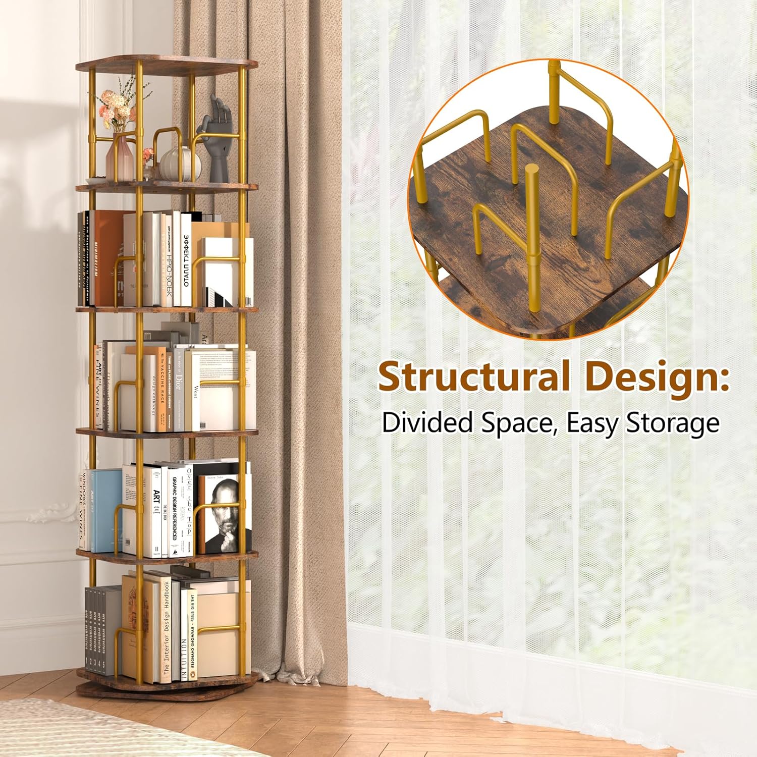 Libreria Girevole 5 Livelli 360°, Oro - immagine 3