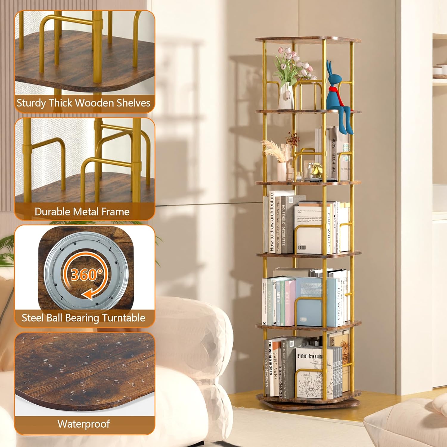 Libreria Girevole 5 Livelli 360°, Oro - immagine 5