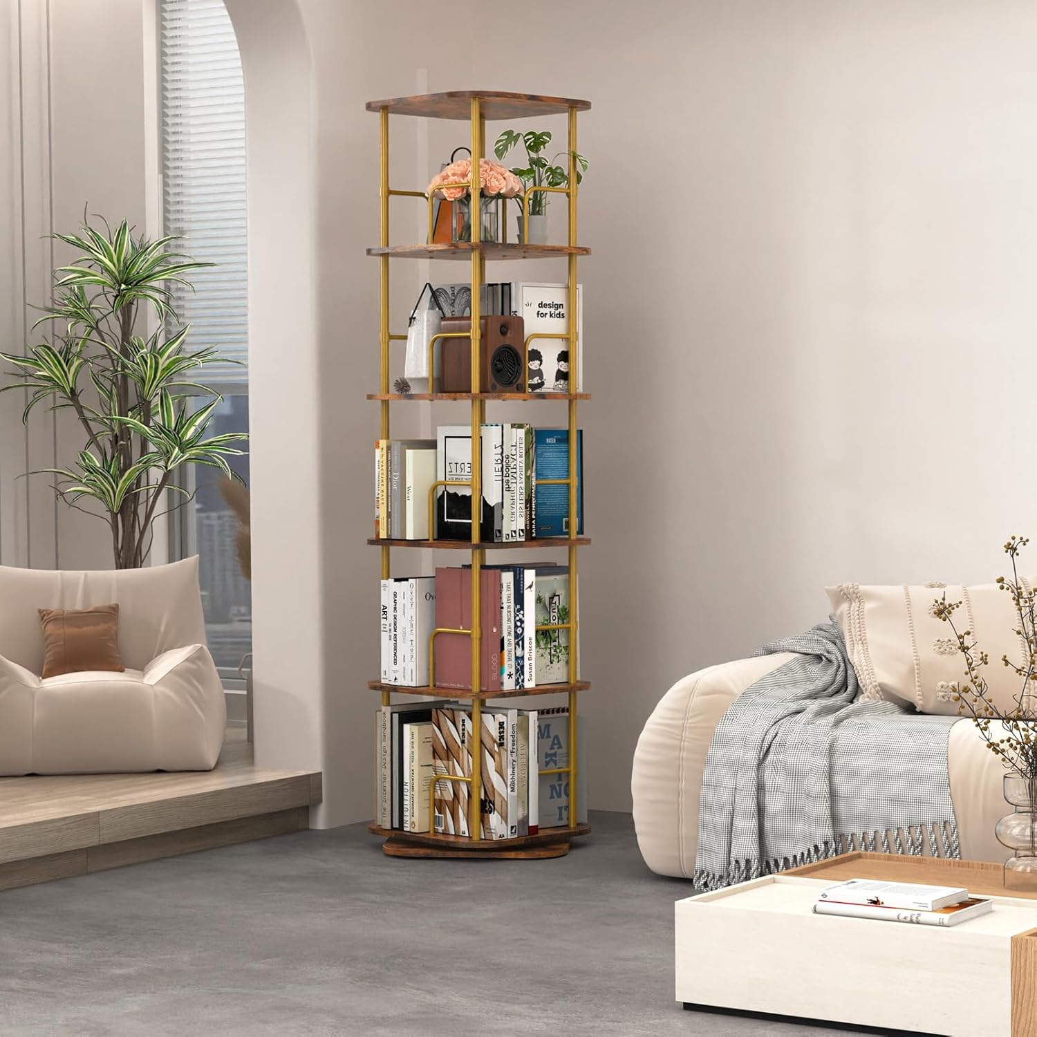 Libreria Girevole 5 Livelli 360°, Oro - immagine 7