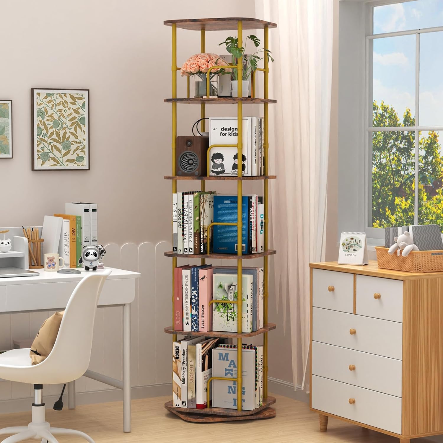 Libreria Girevole 5 Livelli 360°, Oro - immagine 8