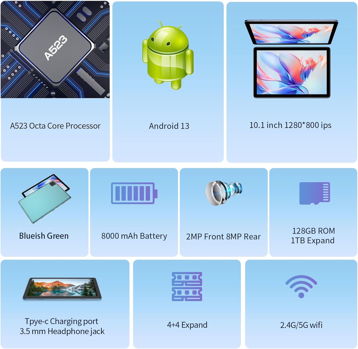 Pritom Tablet Android 13 10 Pollici 8GB/128GB, Teal - immagine 5