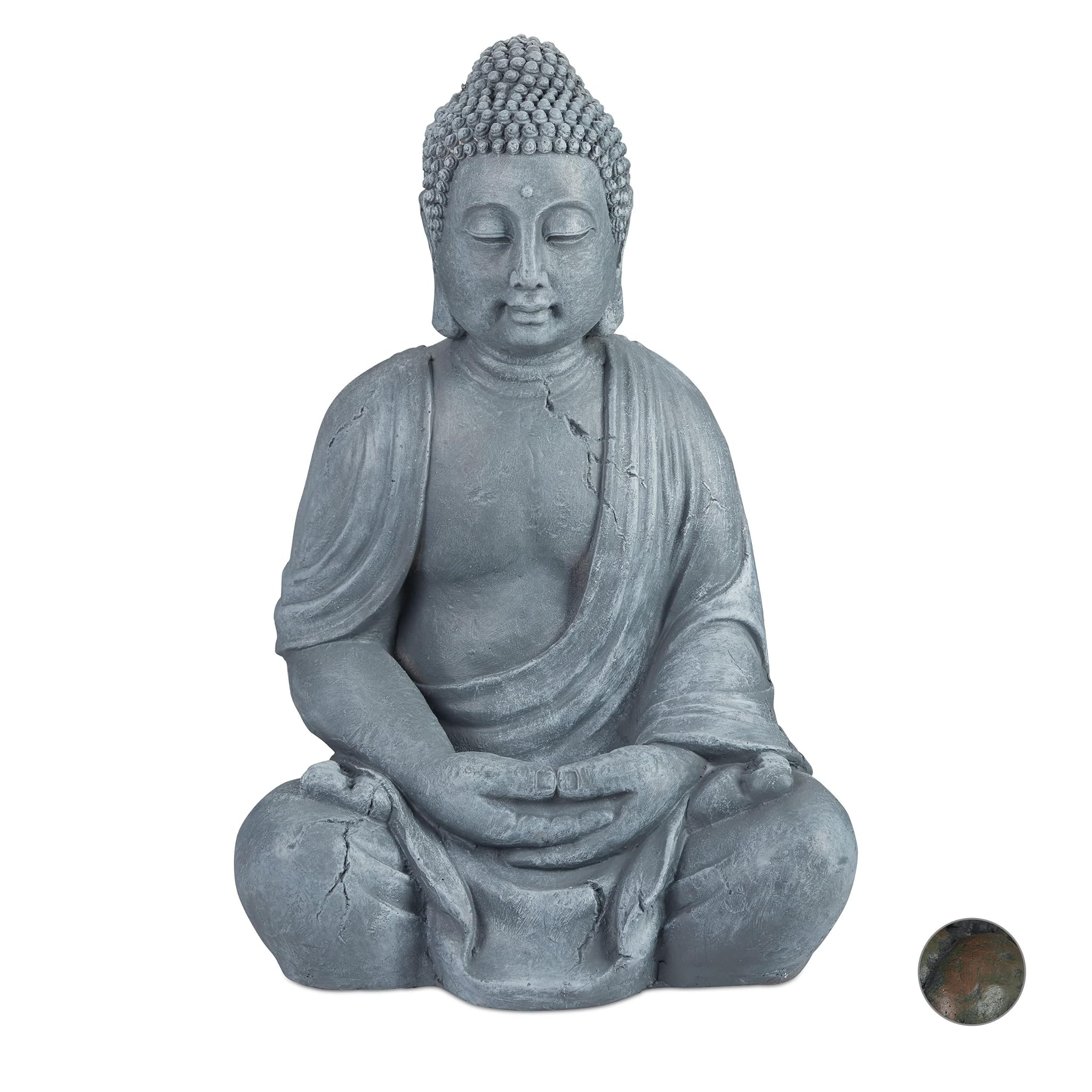 Relaxdays Statua Buddha Seduto XL 70cm, Grigio Chiaro