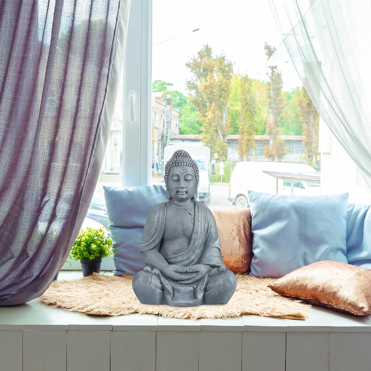 Relaxdays Statua Buddha Seduto XL 70cm, Grigio Chiaro - immagine 2