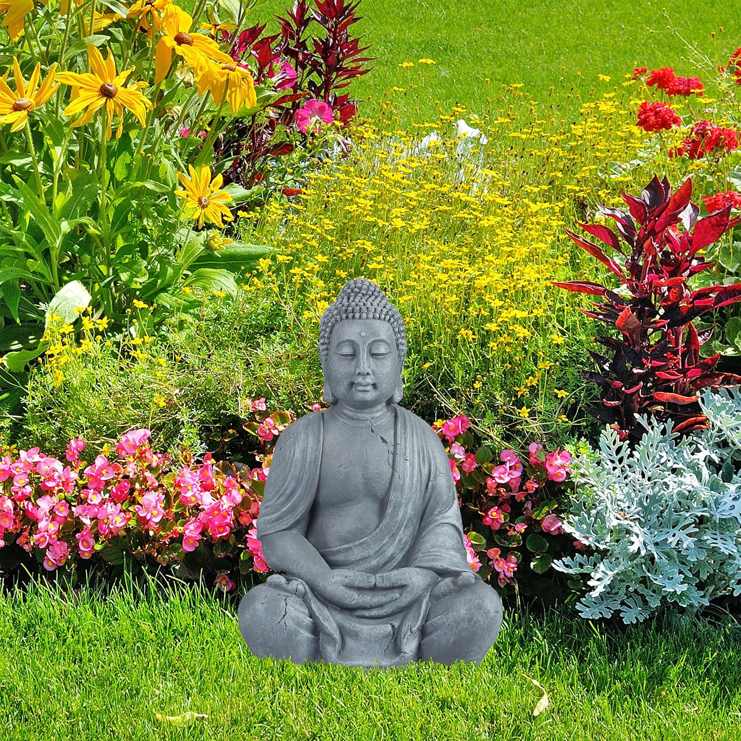 Relaxdays Statua Buddha Seduto XL 70cm, Grigio Chiaro - immagine 3