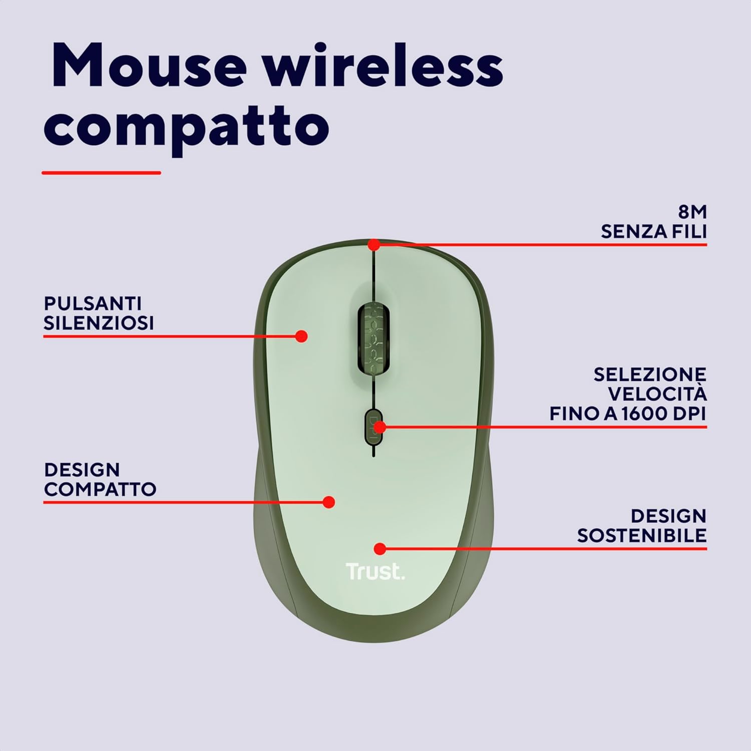 Trust Yvi+ Mouse Wireless Silenzioso, Verde - immagine 2