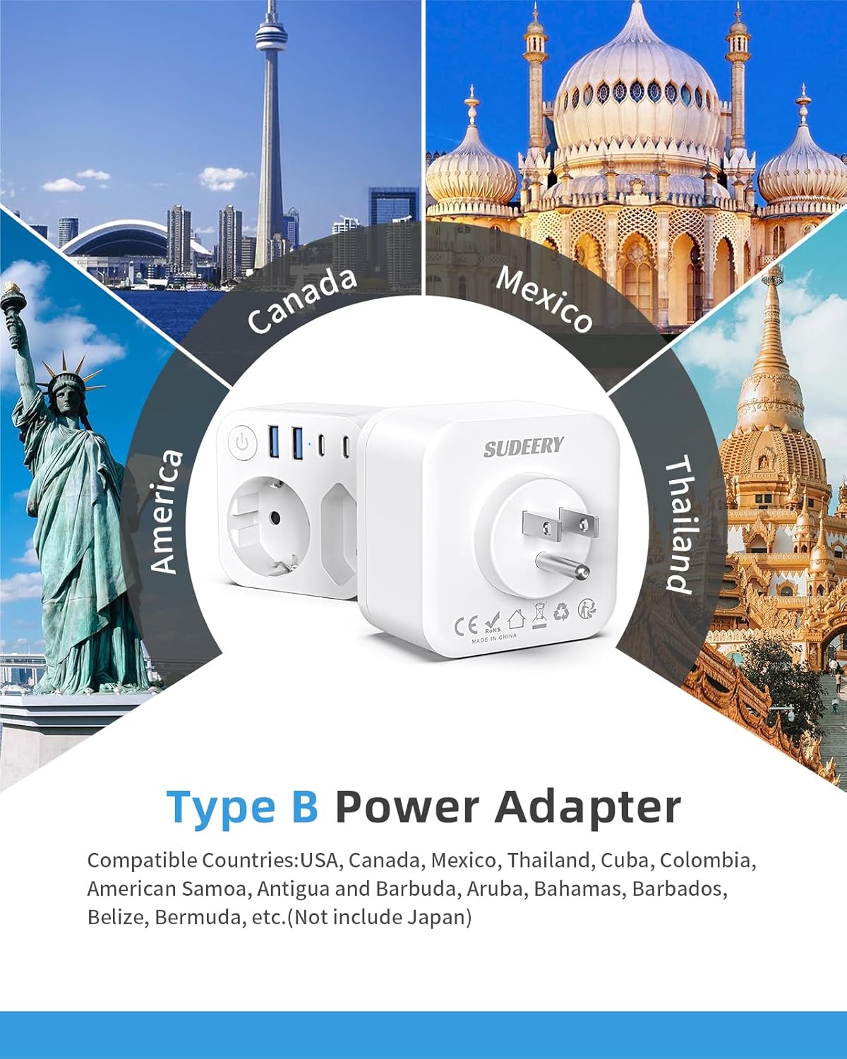 Adattatore da Viaggio EU to USA con 4 USB (2 Tipo C) - immagine 2