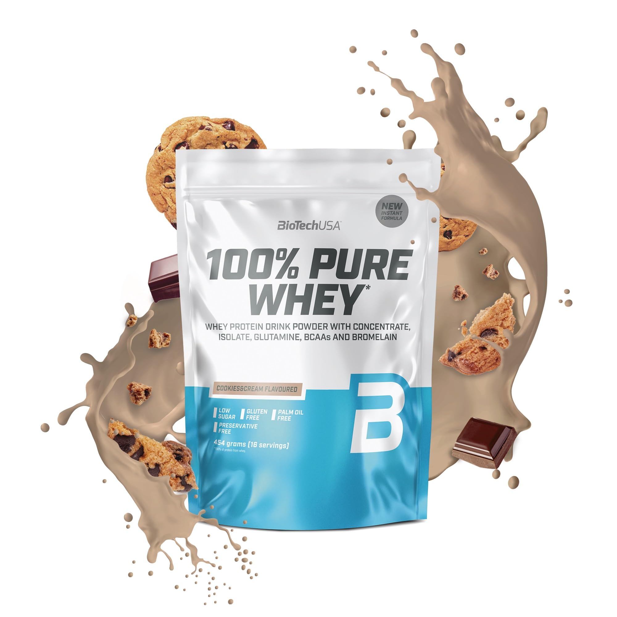 BioTechUSA 100% Pure Whey | Proteine in polvere con BCAA e glutammina | Senza glutine, senza olio di palma | 21g di proteine per porzione, 454 g, Cookies & Cream