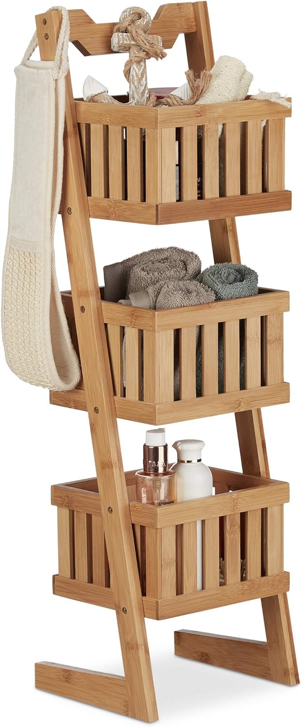 Relaxdays Scaffale Bagno Legno con 3 Cestini 77x23x20 cm
