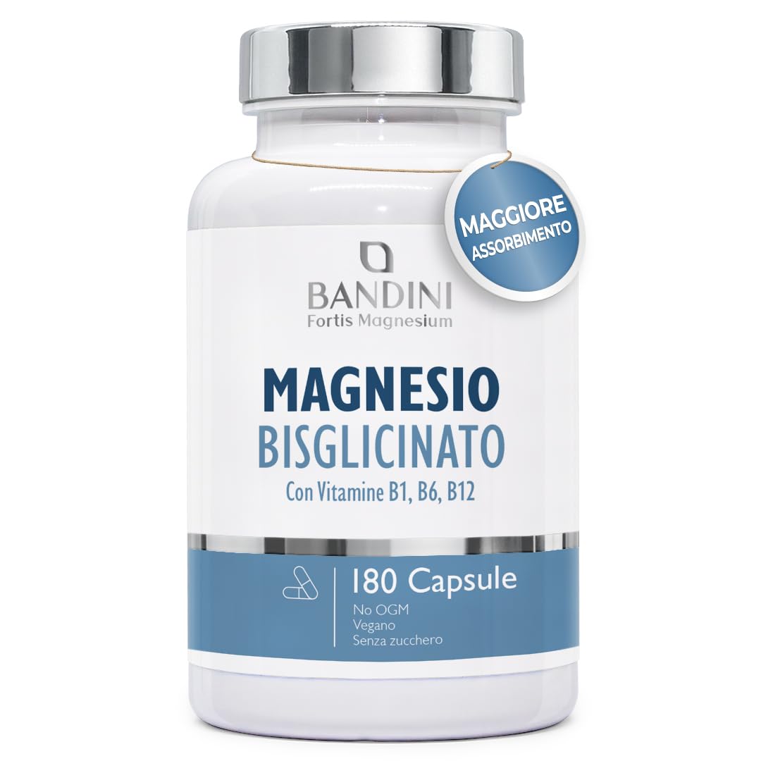 Bandini® Magnesio Bisglicinato 180 Capsule (2 mesi), 350 mg di Glicinato, Chelato per dose arricchito di Vitamina B1, B6, B12 Anti stress e fatica, Integratore per Sistema Nervoso, 100% Vegan