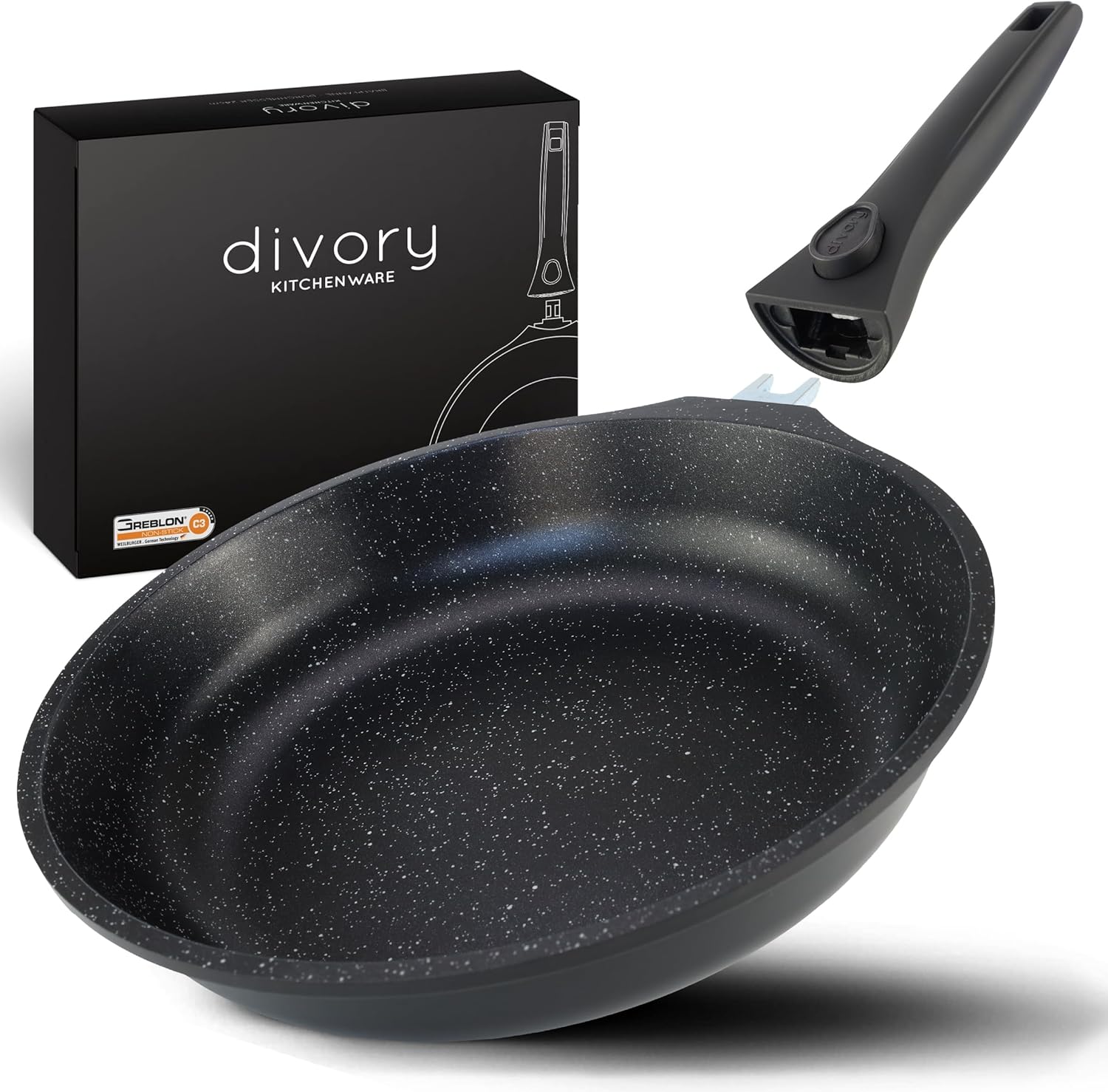 DIVORY Padella grande 32cm I Manico removibile, induzione, rivestita, alluminio Padella grande + protezione padella Padella a induzione