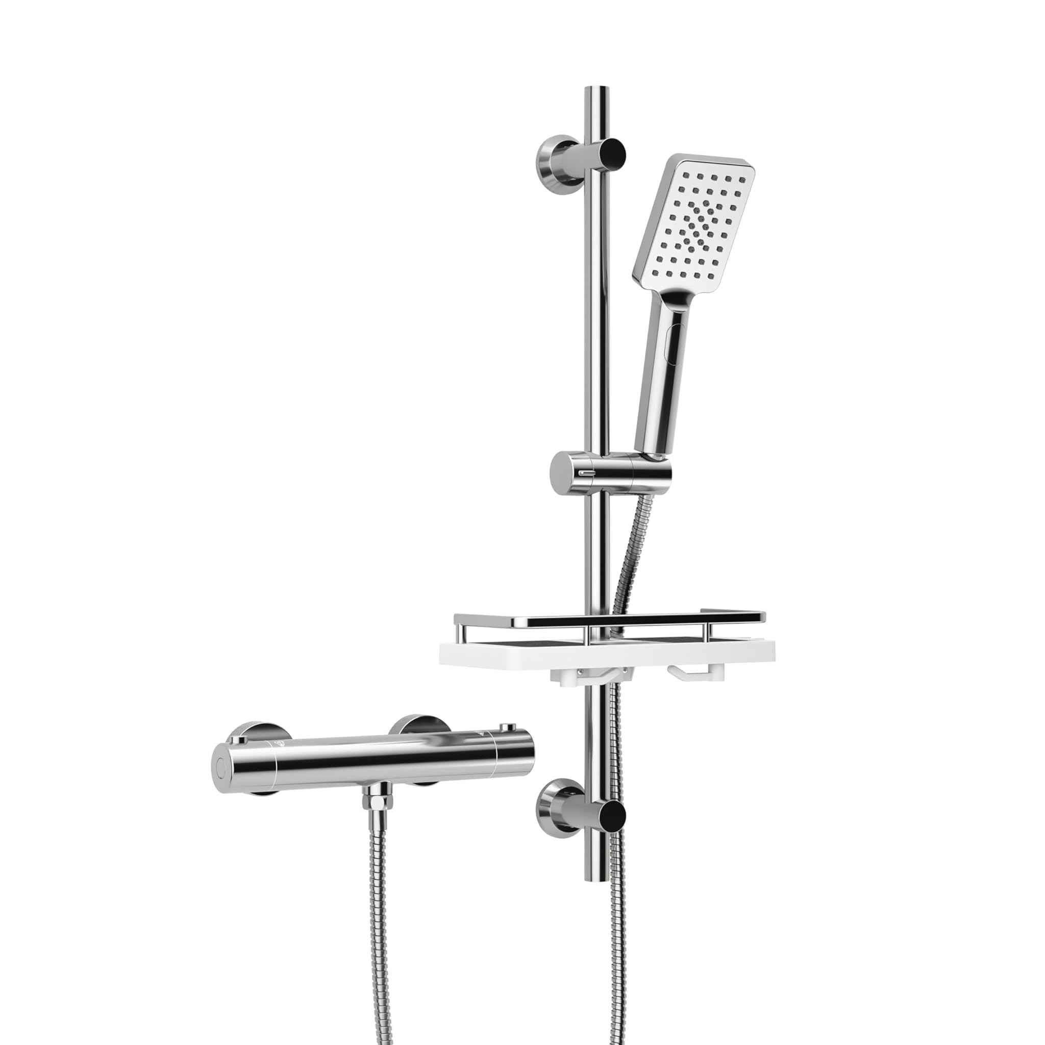Görbach Colonna Doccia con Tubinetto Termostatico Doccia, Set Asta per Doccia con Mensola, Termostato Miscelatore Doccia + Barra Doccia in Acciaio inox 70 cm con Doccetta e Tubo, Cromato