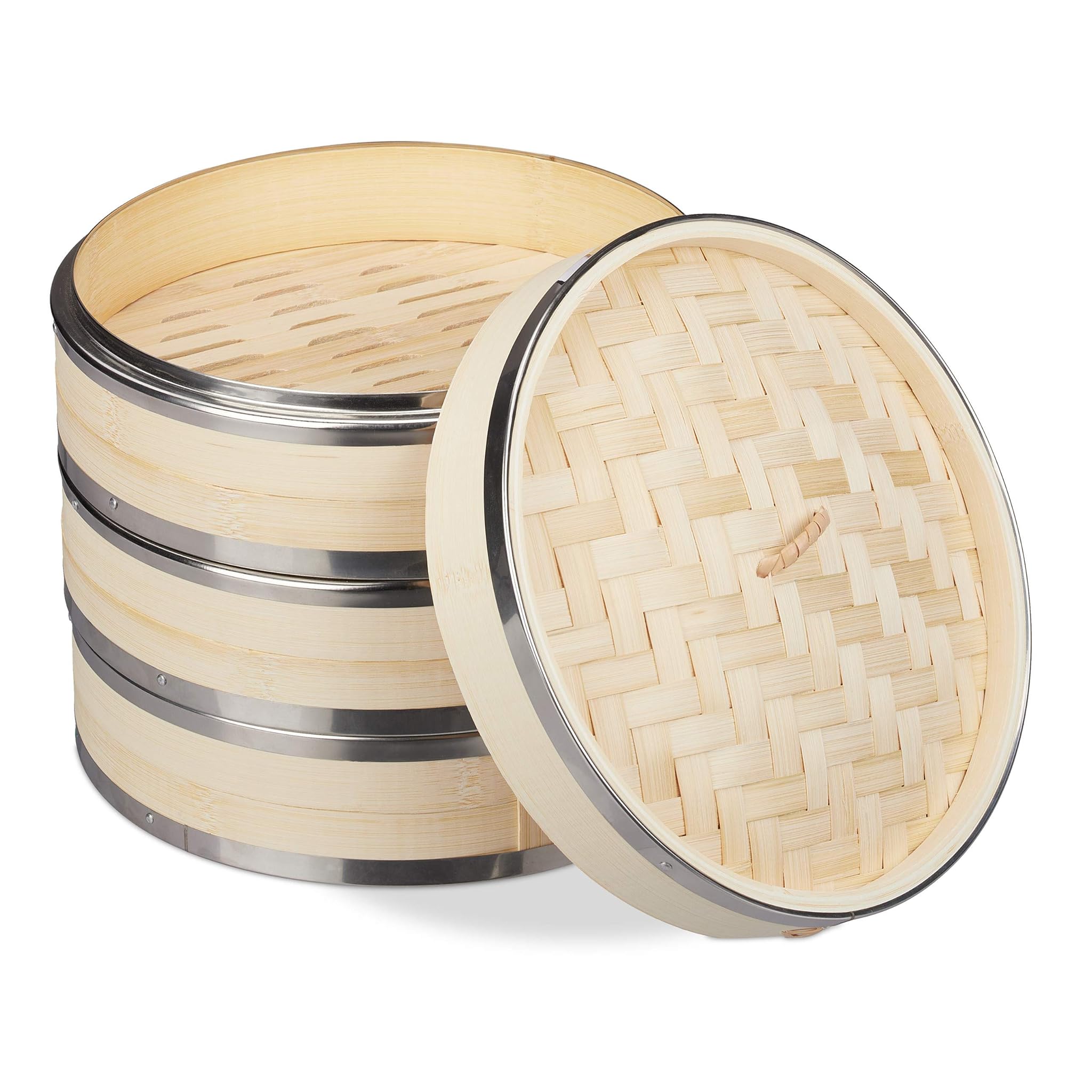 Relaxdays Vaporiera Bambù 3 Cestelli Ø 24 cm, Naturale
