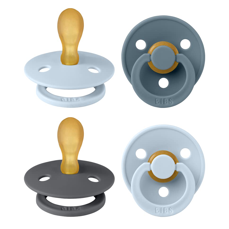BIBS Colour Symmetrical, Set di 4 ciucci, succhietto senza BPA, Tettarella simmetrica. Lattice di gomma naturale, Prodotto in Danimarca. 6-18 mesi (set da 4), Baby Blue Mix