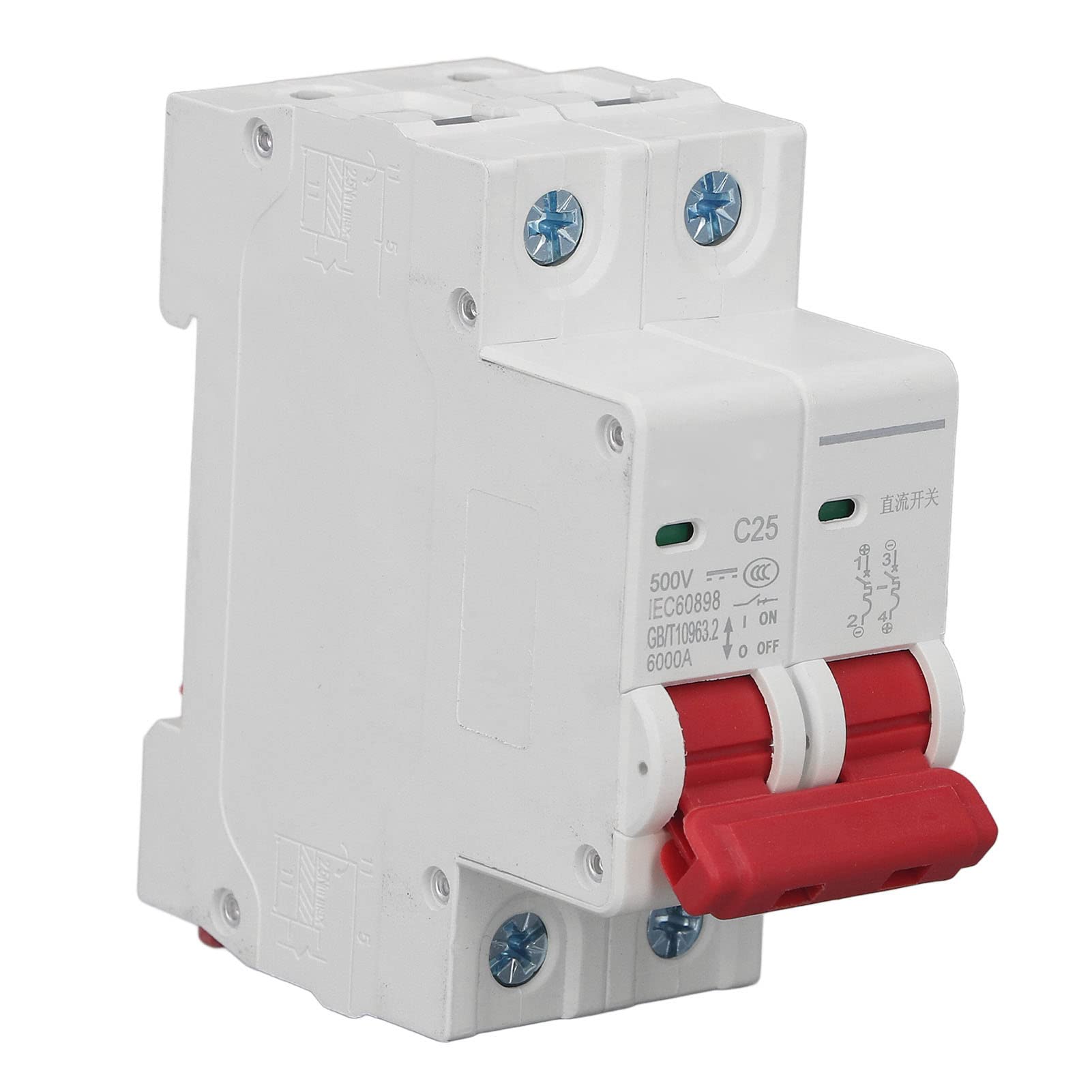 Interruttore Automatico Miniaturizzato DC, 2 Poli 500V 25A Isolatore per Sistema Solare Fotovoltaico Montaggio Su Guida DIN Sezionatore CC Interruttore Automatico Bassa Tensione DZ47‑63Z