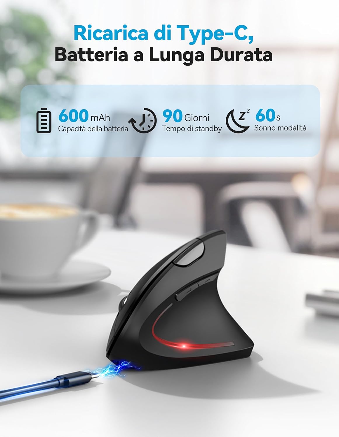 Tecknet Mouse Verticale Ergonomico Ricaricabile, Nero - immagine 3