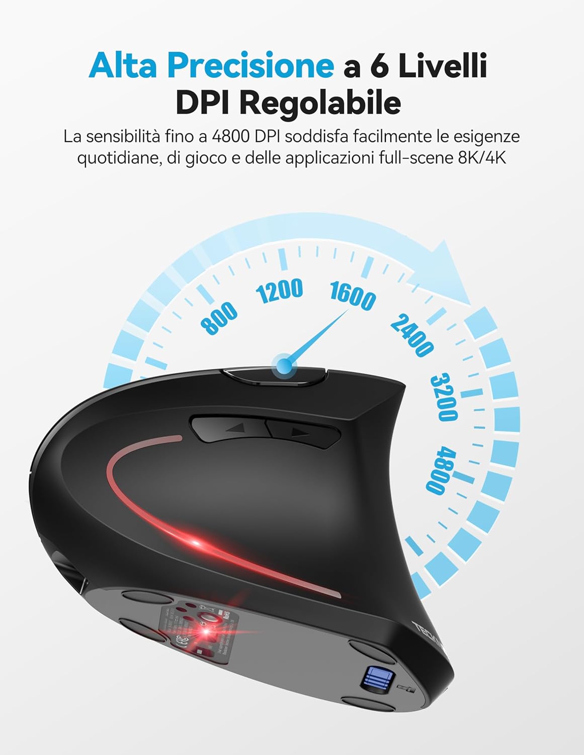 Tecknet Mouse Verticale Ergonomico Ricaricabile, Nero - immagine 5
