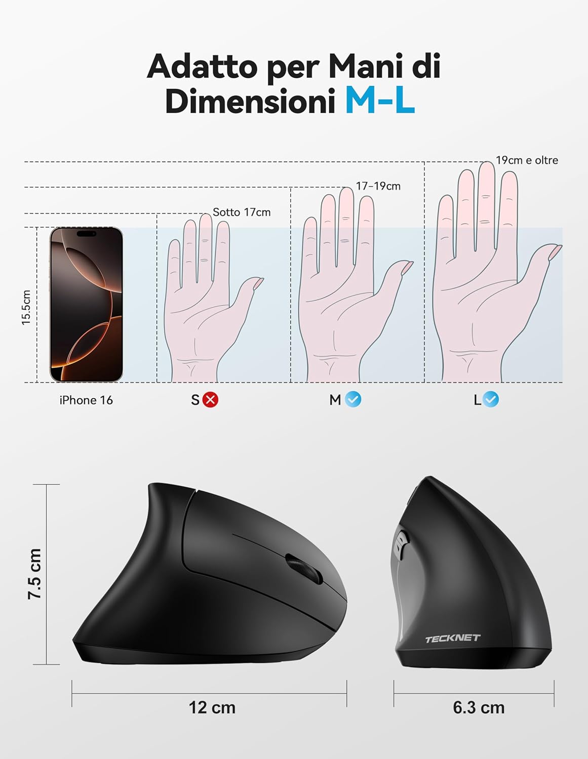 Tecknet Mouse Verticale Ergonomico Ricaricabile, Nero - immagine 6