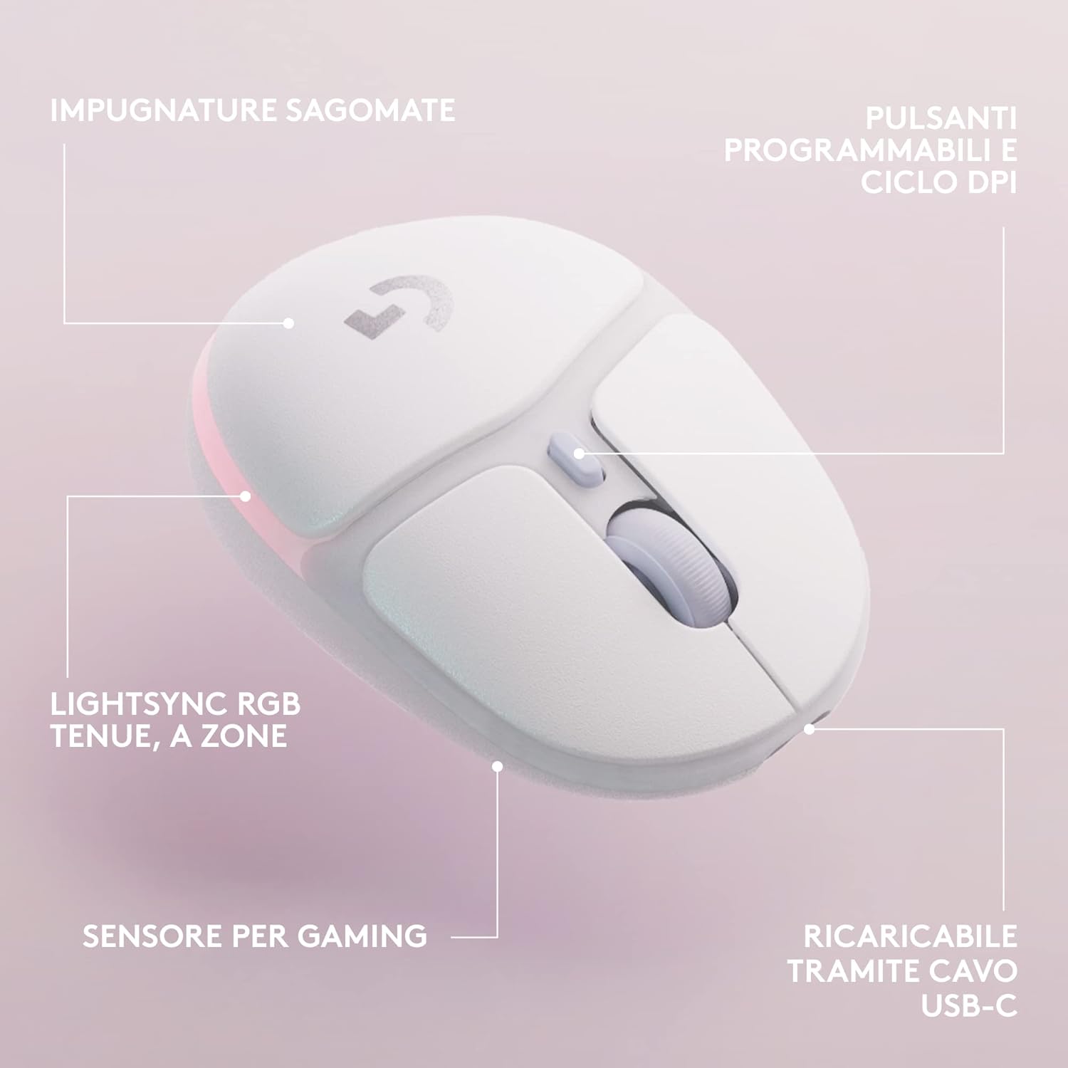 Logitech G G705 Mouse Gaming Wireless LIGHTSPEED, Bianco - immagine 6