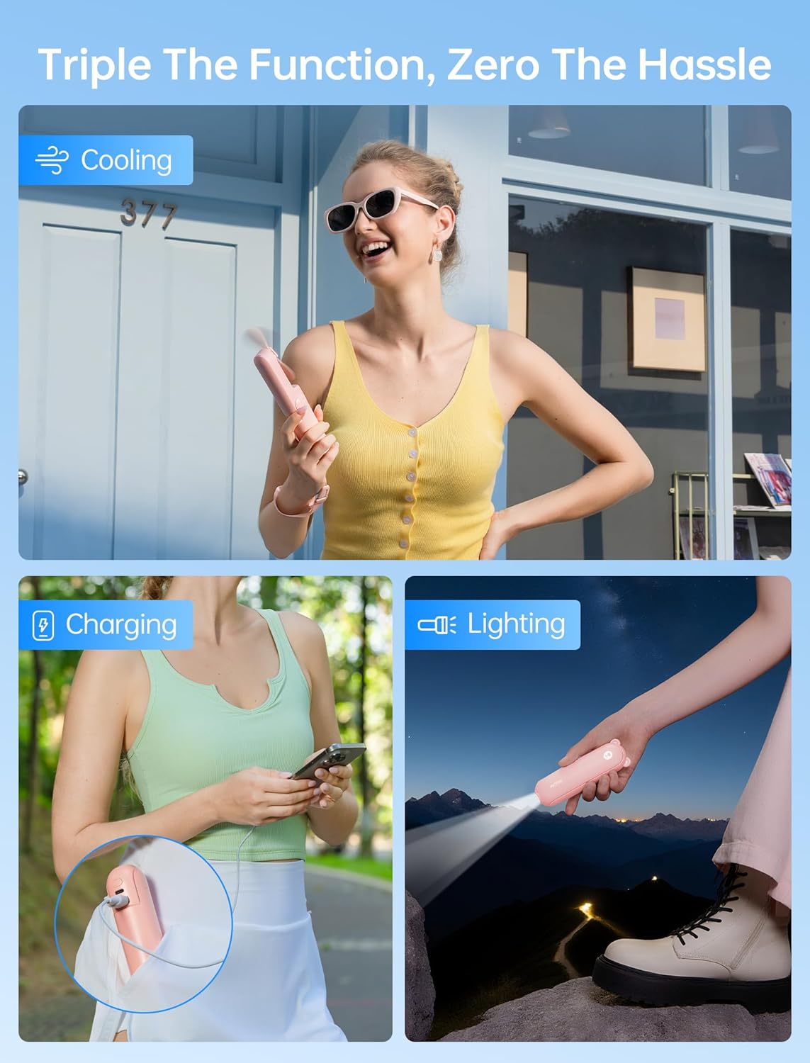 Jisulife Mini Ventilatore Portatile 3 in 1 Ricaricabile, Rosa - immagine 2