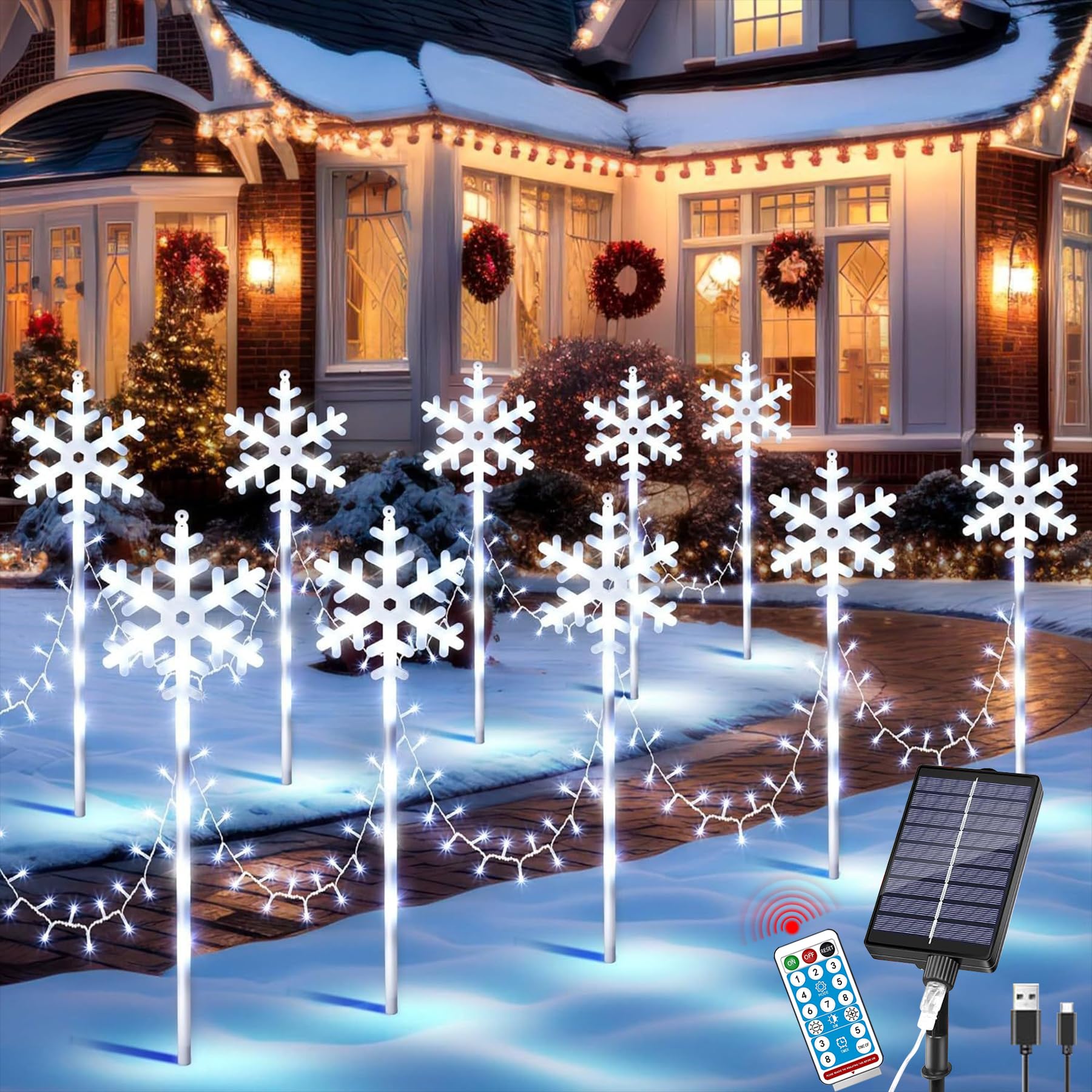 VEEKAY 10 Pezzi Luci di Natale Solare Esterno,Luci di Stringa Fiocchi di Neve di Natale,con luci a stella, 8 modalità,8 Modo Luci Natale Esterno