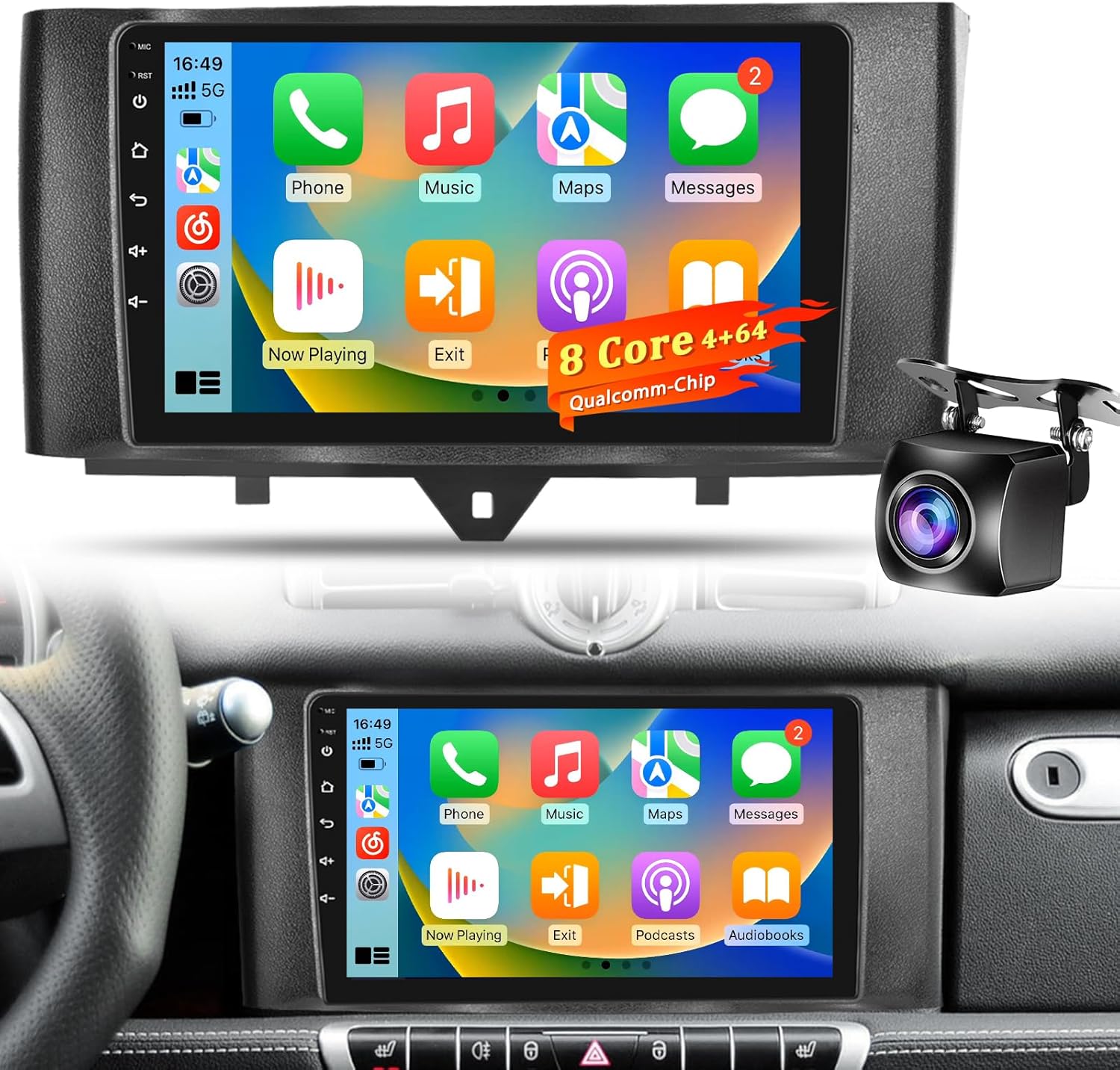 Qualcomm 8-Core 4+64G Autoradio Android per Mercedes Benz Smart Fortwo 2011-2015, Schermo IPS da 9 pollici con CarPlay & Android Auto wireless, Audio DSP Hi-Res, Telecamera posteriore AHD - immagine 1