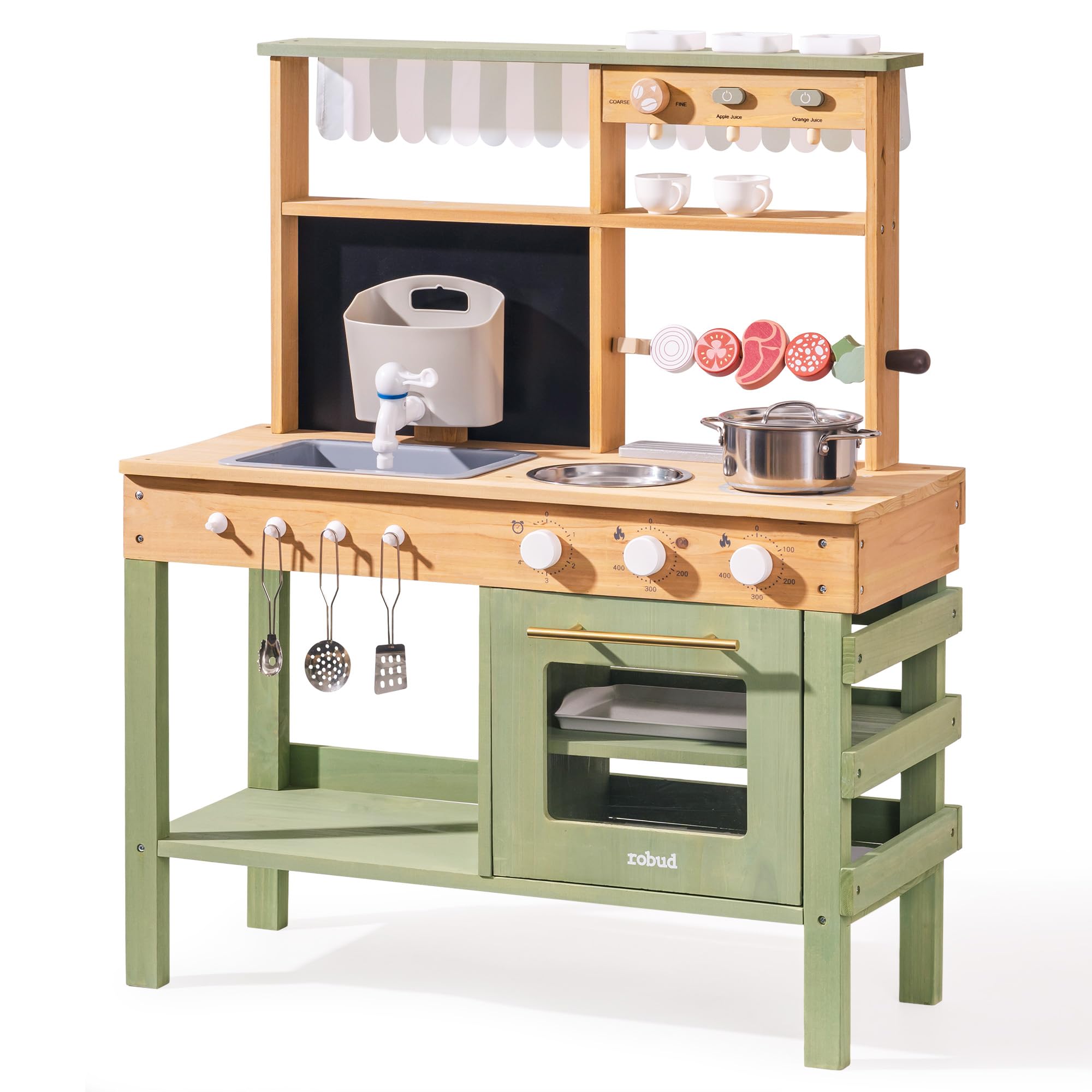 ROBUD Cucina in legno per bambini, 17 pezzi di cucina finta con lavello, lavagna e accessori da cucina, cucina giocattolo all'aperto per barbecue, set di giochi educativi per bambini dai 3 anni in su
