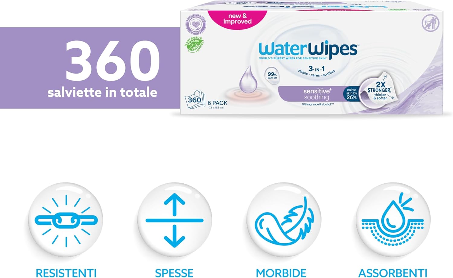 Waterwipes Sensitive+ Soothing Clean Wipes, 360 Pezzi - immagine 2