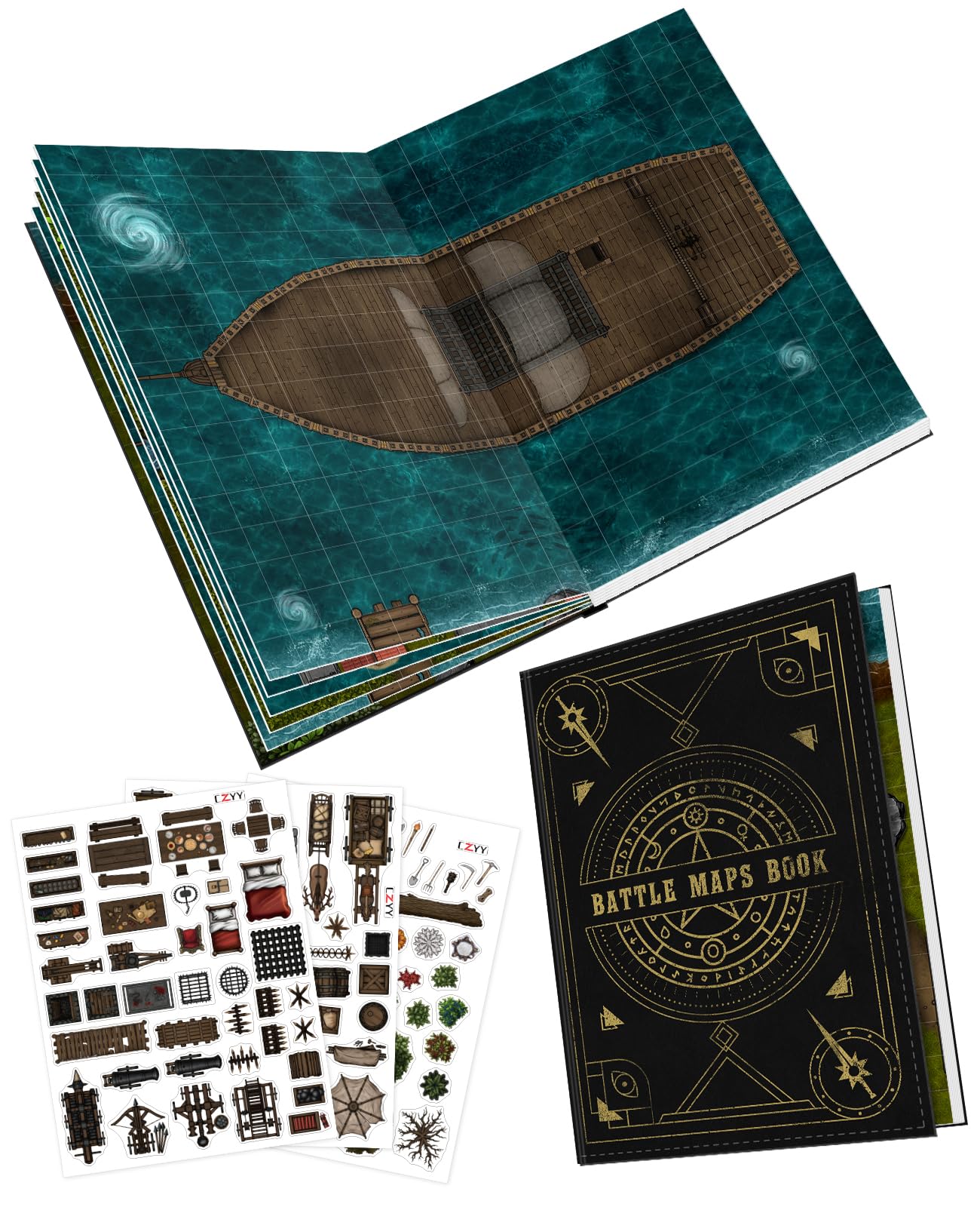DND Battle Map Book - 32 tappetini riutilizzabili cancellabili a secco/bagnato con oltre 100 decalcomanie paesaggistiche, griglia da 2,5 cm e rilegatura piatta - Kit di giochi di ruolo portatile per