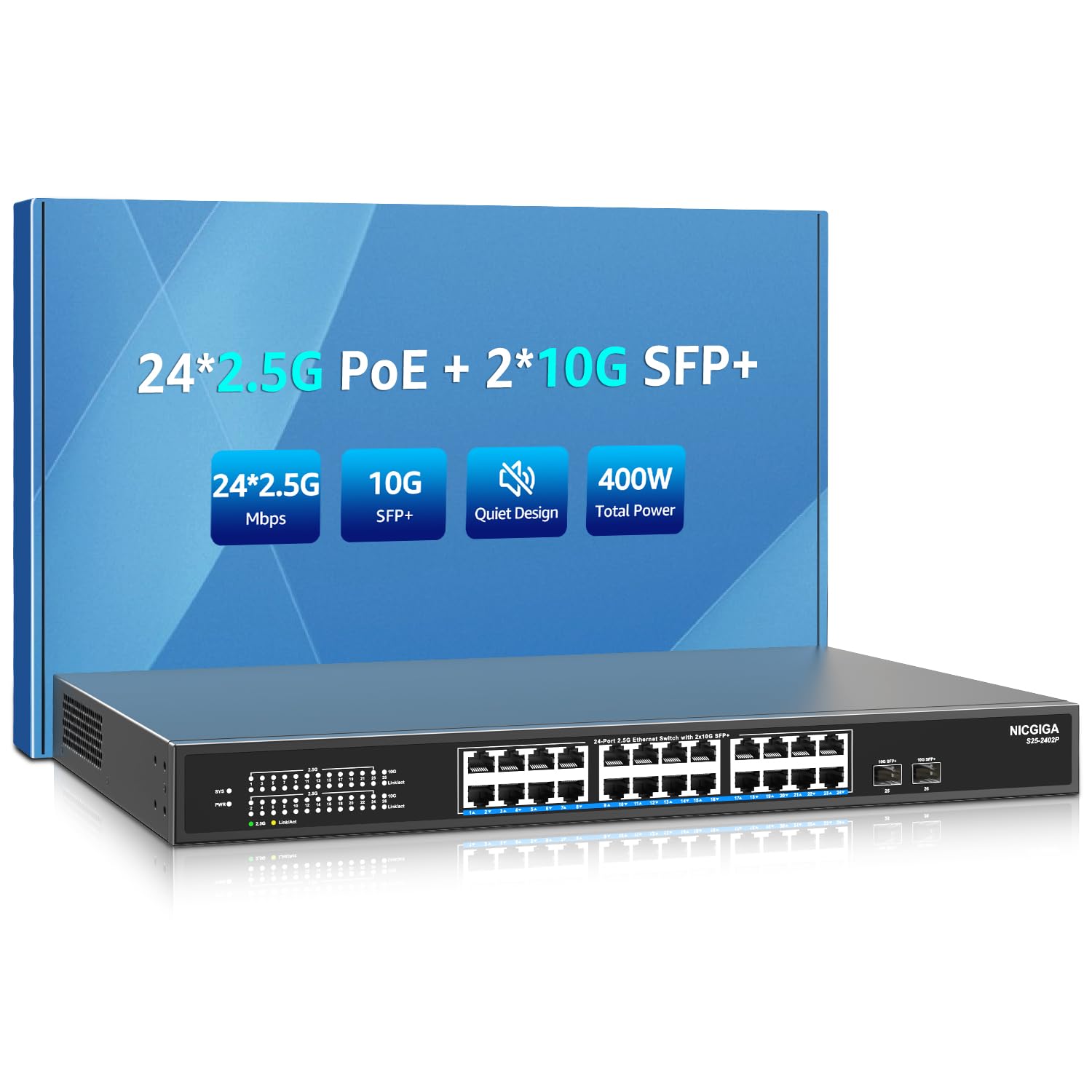 Nicgiga Switch PoE 24 Porte 2.5G + 2x 10G SFP+ Uplink