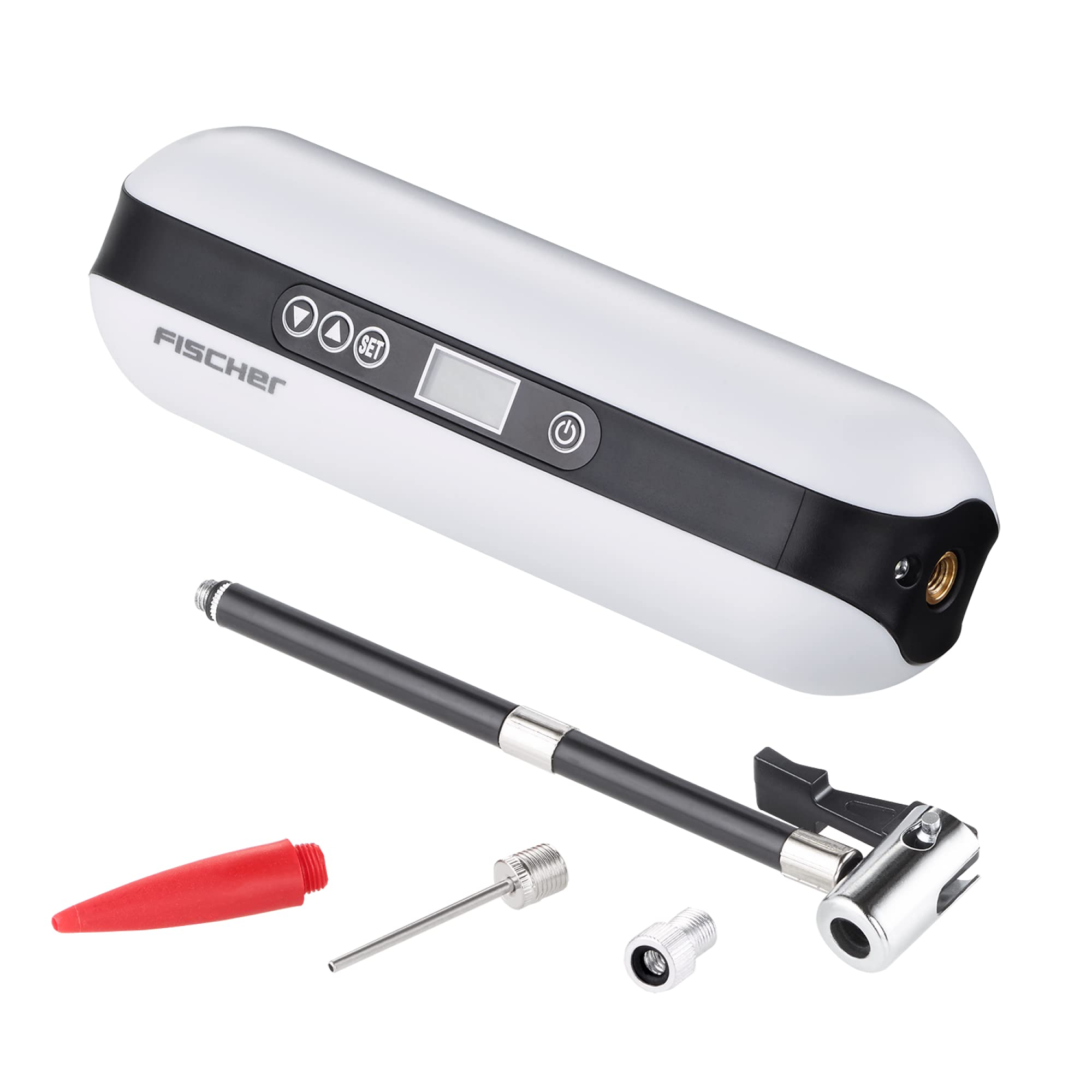 FISCHER 50375 - Compressore elettrico a batteria, 10,3 bar, power bank e torcia, per bicicletta, auto, moto, ecc